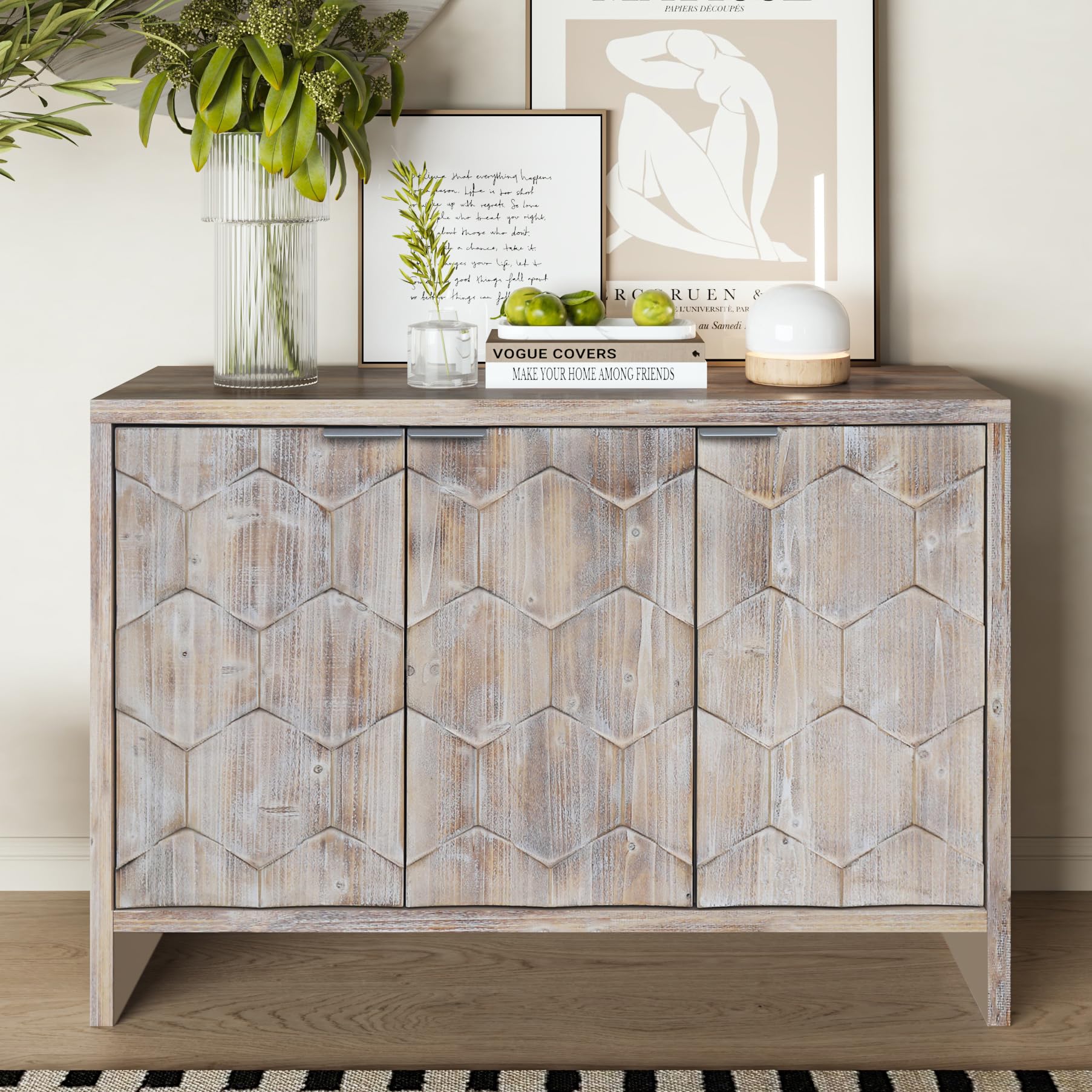 Farmhouse Sideboard Storage Cabinet - Solid Wood Accent Floor Cabinet with Adjustable Shelf, Buffet Server & Console Table for Living Room, Hallway, Dining Room - Perfect for Home Organization & Stylish Storage Solutions