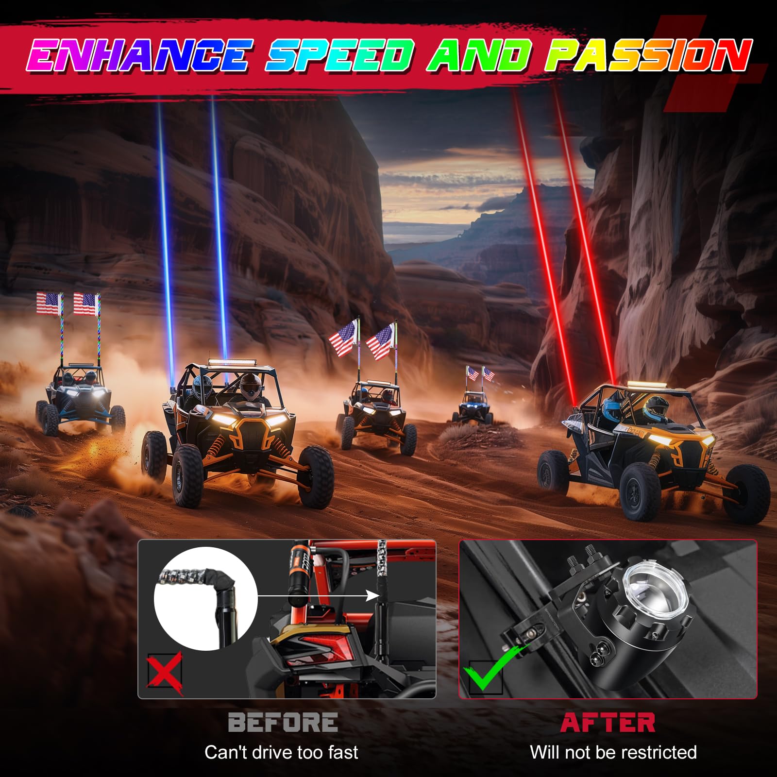 OFFROADTOWN Upgraded RGBW LED Whip Lights with Remote Control - Chase Light Antenna for UTV, ATV, SXS, RZR, Can-Am, Polaris, Truck, Jeep & Boat - Perfect for Night Off-Roading, Camping & Outdoor Adventures
