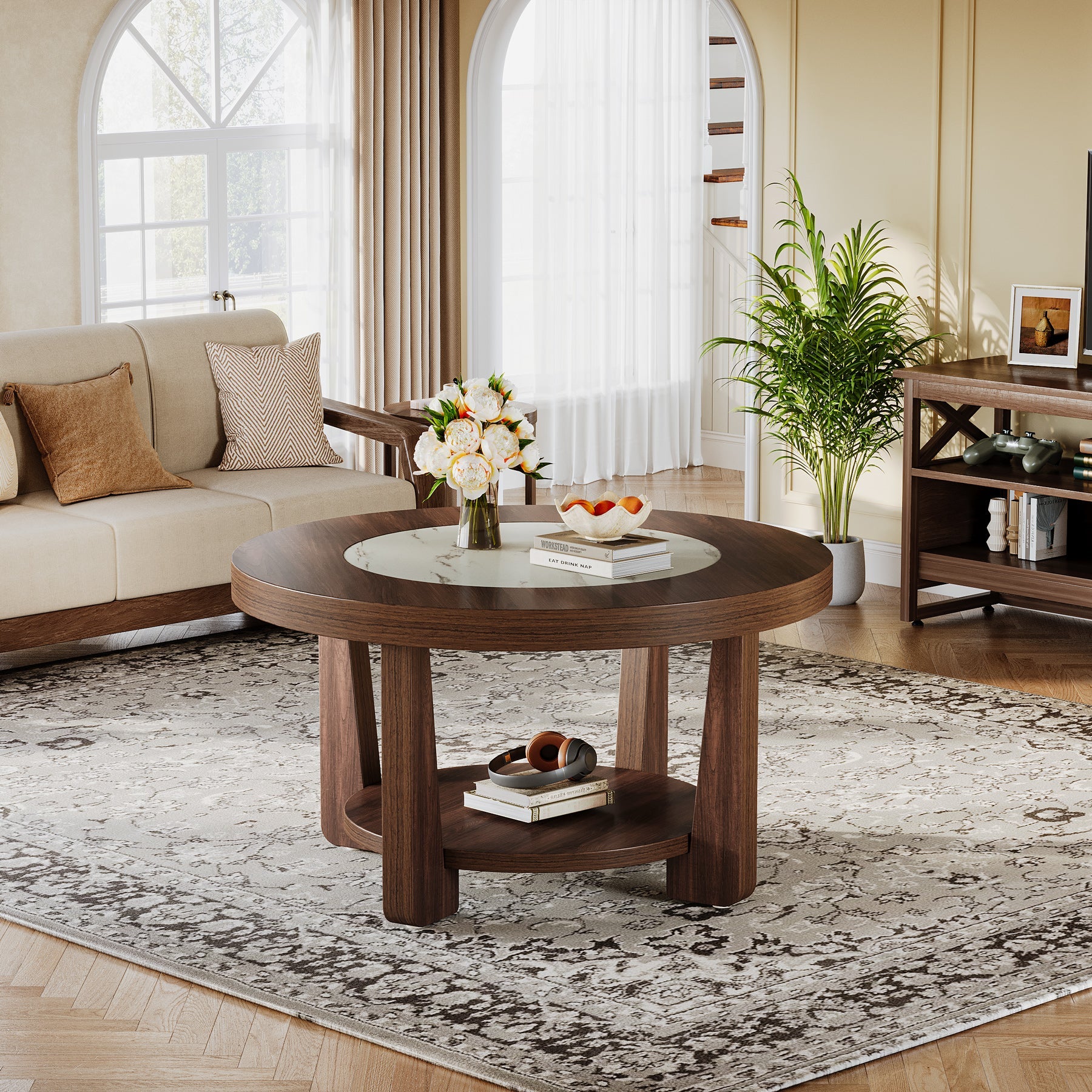 2-Tier Round Wood Coffee Table - Modern Accent & Center Table for Living Room, Bedroom, or Office Decor