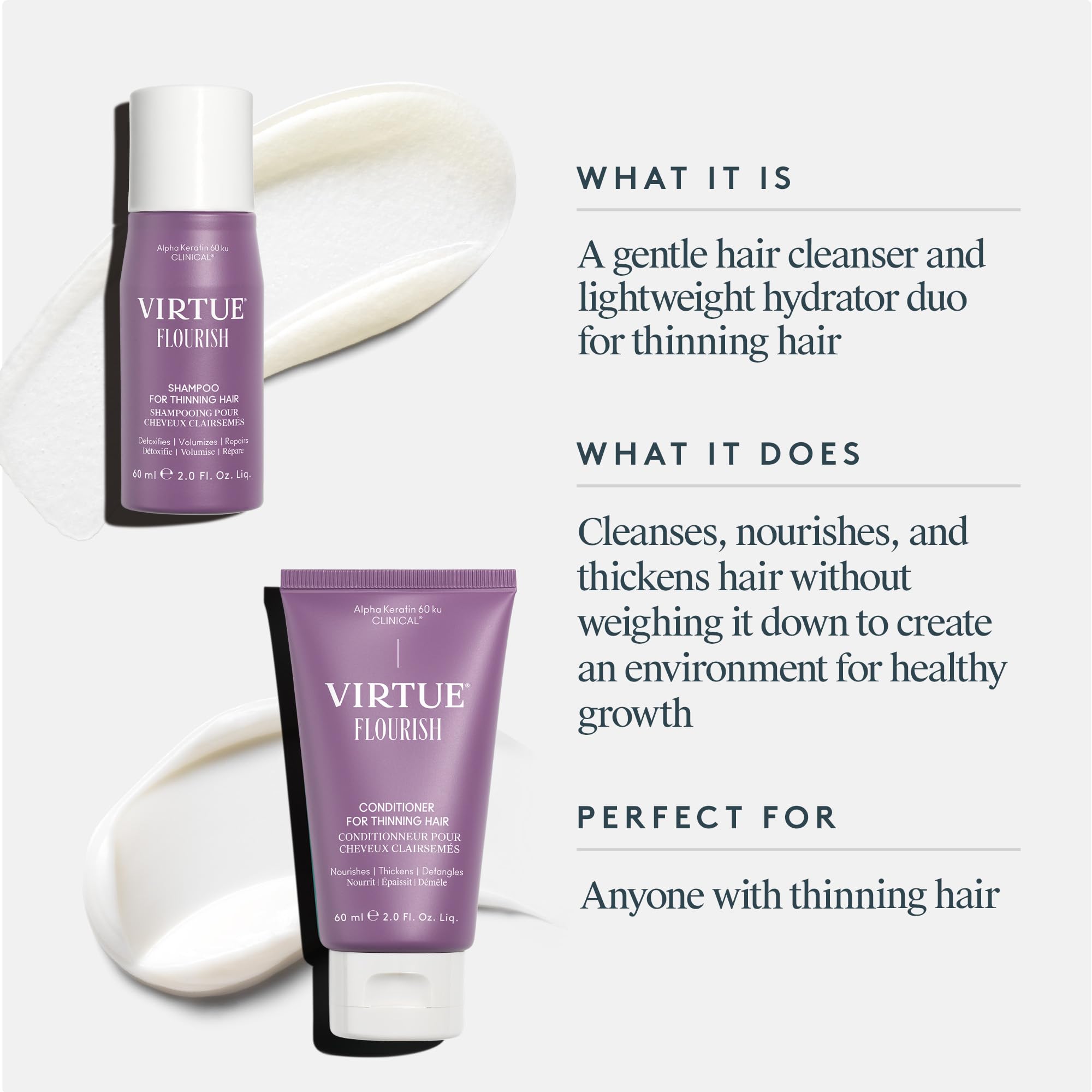 Virtue Flourish Shampoo & Conditioner Set for Fine/Thinning Hair - Sulfate-Free Hair Growth Treatment - Travel Size (2.5oz) - Volumizing & Strengthening for Daily Use at Home or On The Go