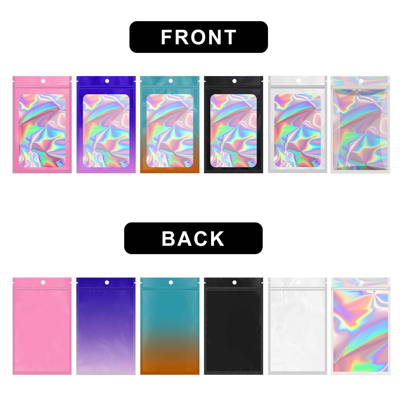 100 Pack Resealable Mylar Bags with Front Window & Holographic Design - 4.1