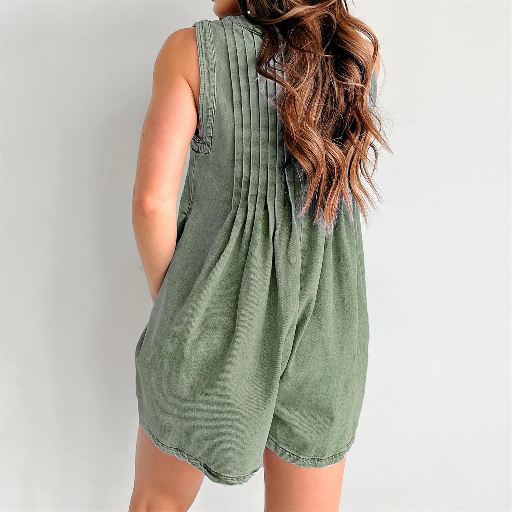 Y2K Women's Cute Tie Front Denim Romper - Sleeveless V-Neck Loose Fit Pleated Jean Shorts with Pockets | Trendy Summer Outfit for Casual Wear, Beach Vacation & Music Festivals