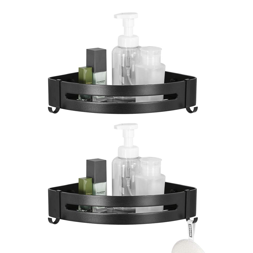 BESy Heavy Duty Aluminum Shower Corner Caddy - 2 Tier Bathroom Storage Shelf with 2 Hooks, Self-Adhesive or Wall Mount (Black) - Perfect for Organizing Shampoo, Soap & Bath Accessories in Small Spaces