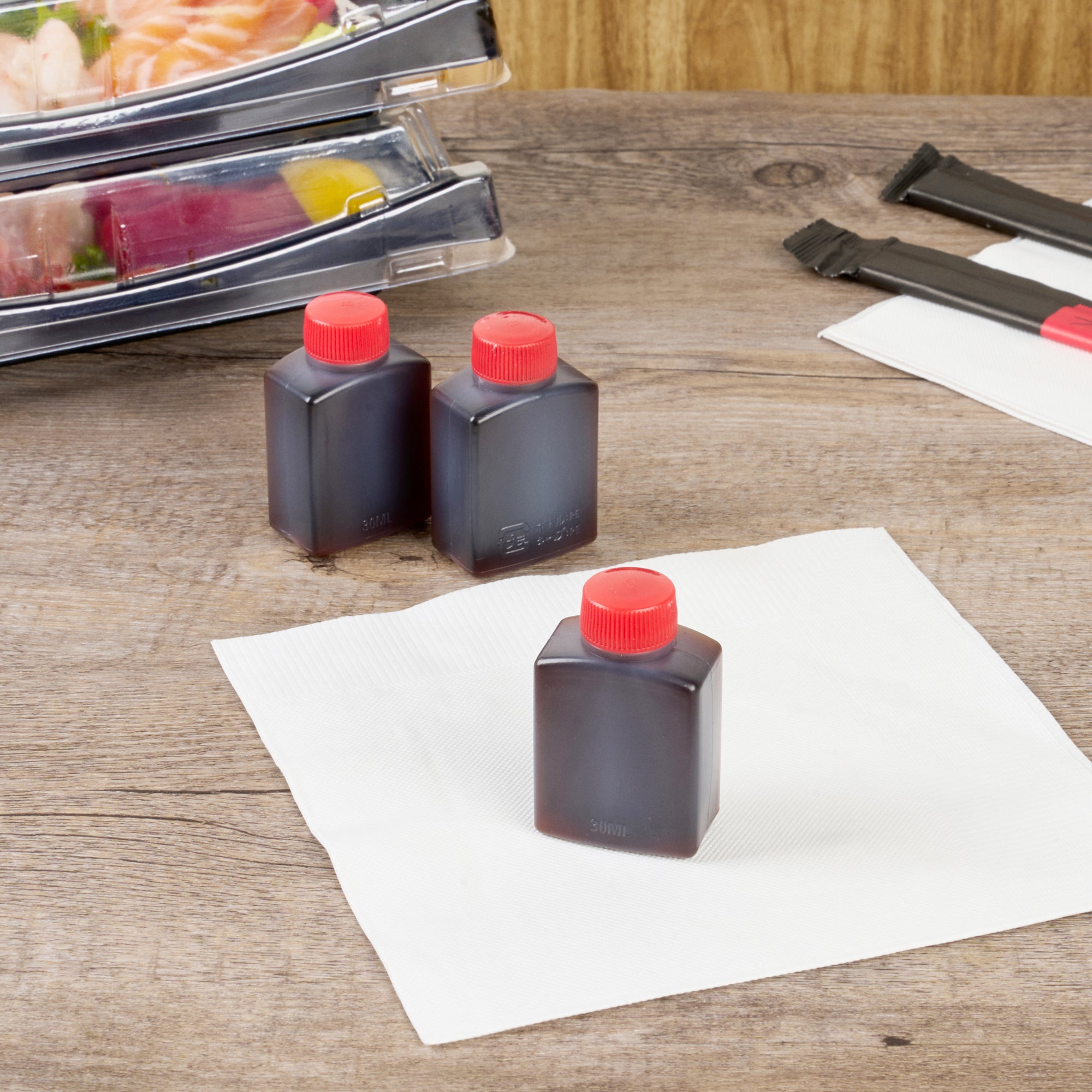 1oz Clear Plastic Soy Sauce Bottles with Red Caps - Bento Box & Sushi Condiment Containers (1.5