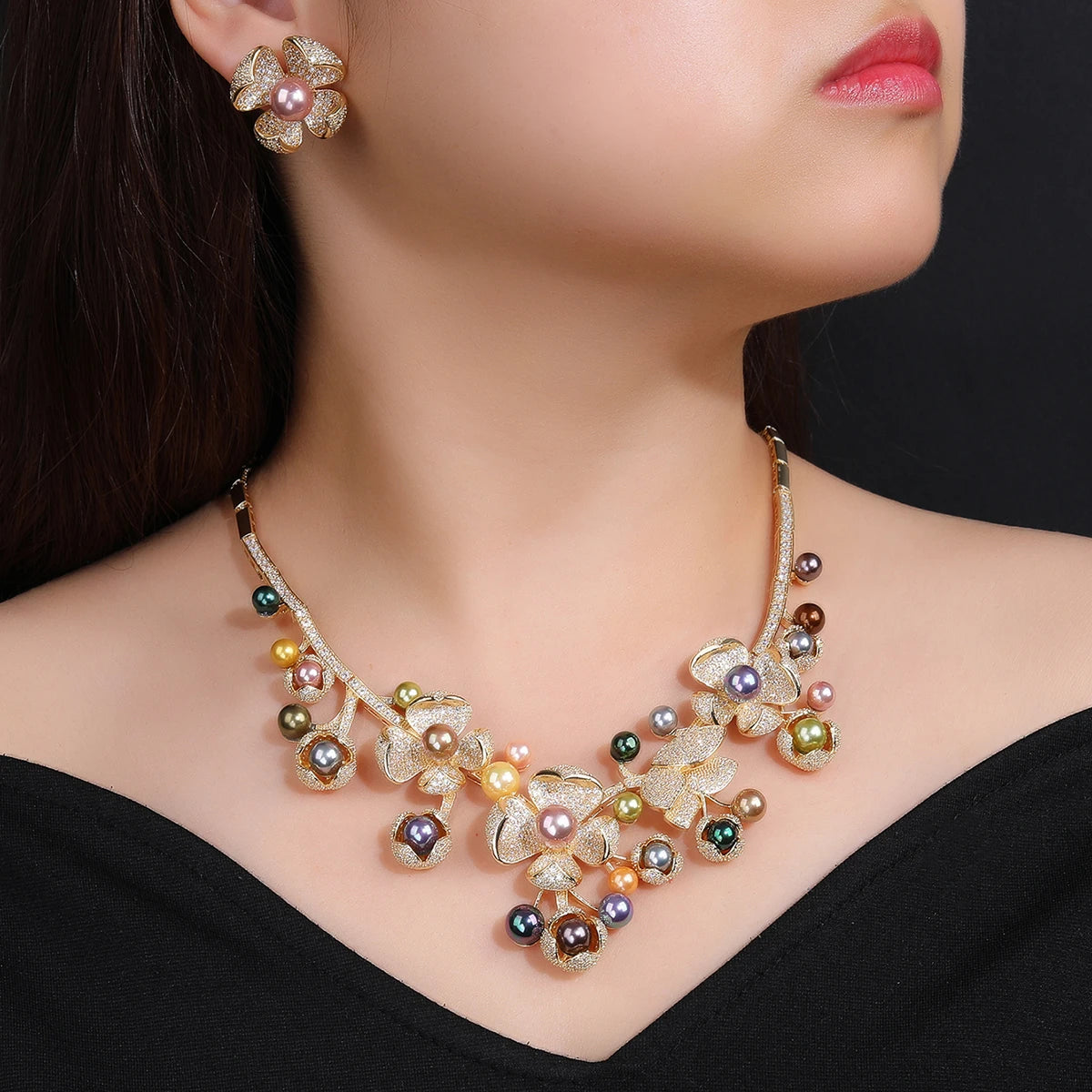 Luxury Bridal Jewelry Set - Pearls & Cubic Zirconia Wedding Necklace & Earrings Set for Women - Perfect for Bridal Party, Prom, Anniversary & Formal Events