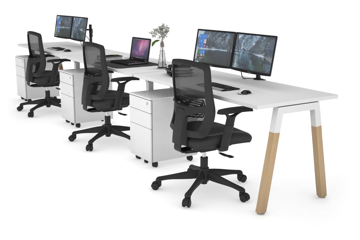 Quadro A Legs 3-Person Office Workstation with Wood Legs & Cross Beam [1600L x 700W] - Perfect for Collaborative Workspaces, Home Offices and Shared Workstations