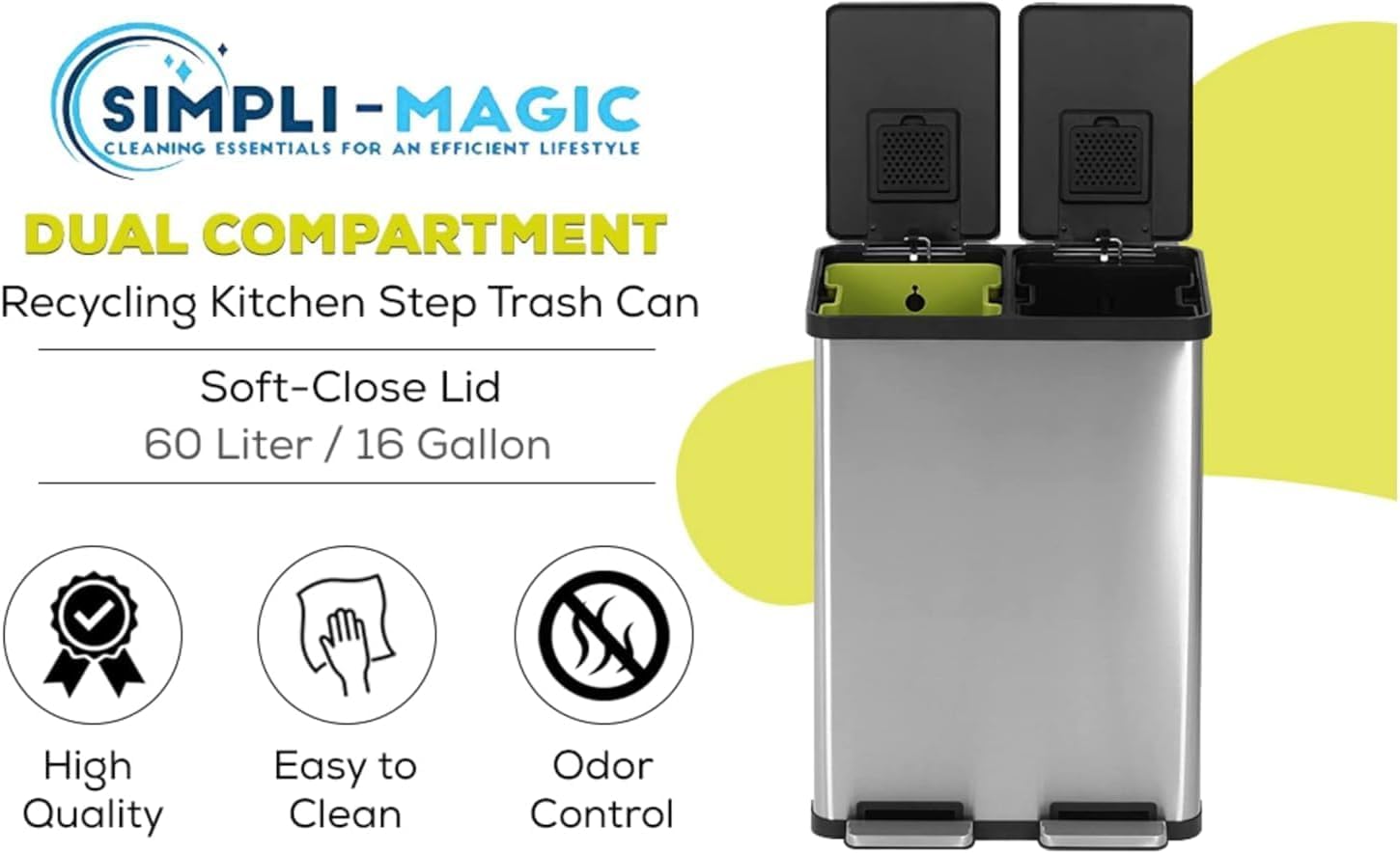 SIMPLI-MAGIC 60L/16 Gallon Stainless Steel Step Trash Can with Soft-Close Lid - Dual Compartment Recycling Bin for Kitchen, Office & Bathroom - Hands-Free Operation, Brushed Finish (38L x 22L Capacity) - Perfect for Waste Sorting & Space Saving