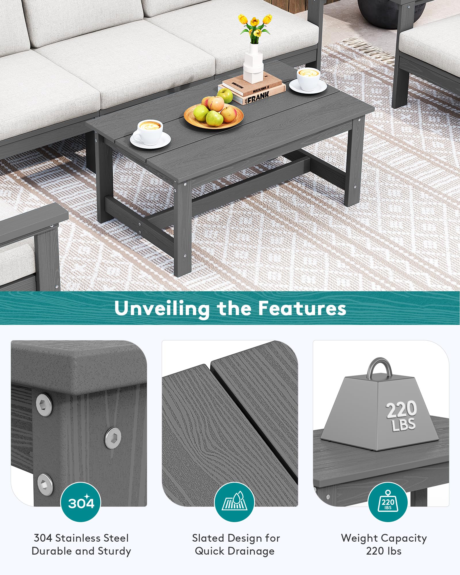 SERWALL HDPE Rectangle Outdoor Coffee Table - All-Weather Patio Side Table for Balcony, Poolside, Deck & Garden - Durable Gray Outdoor Furniture for Backyard, Porch & Pool Area Relaxation
