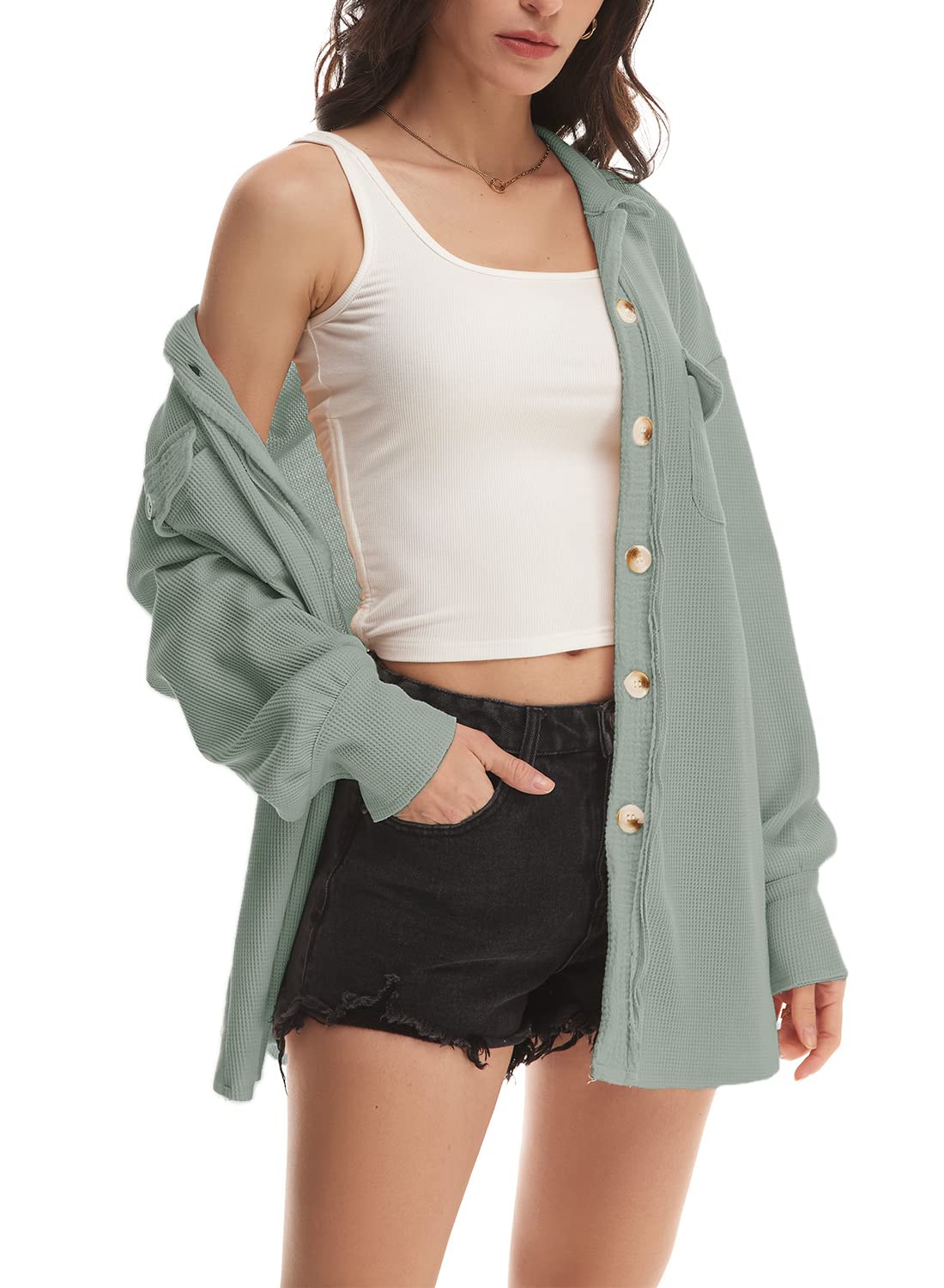 Nirovien Women's Waffle Knit Shacket - Oversized Button Down Shirt Jacket for Women | Lightweight Spring Outfits & Casual Clothes | Perfect for Layering, Outdoor Activities & Everyday Wear