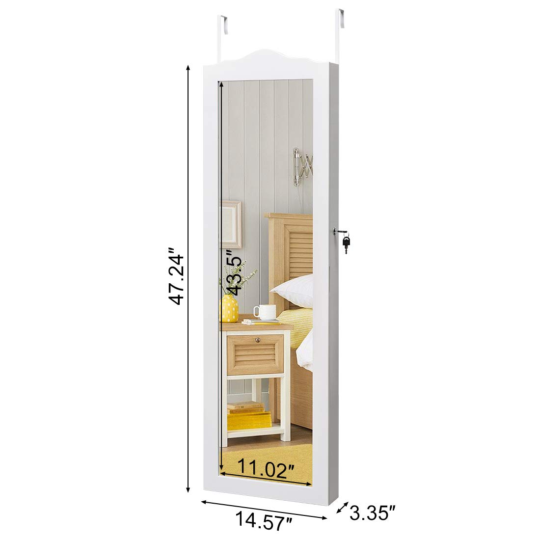 Lockable Wall Mount Jewelry Cabinet with Full Length Mirror & 2 Drawers - White Hanging Jewelry Armoire Organizer for Bedroom, Closet & Dressing Room