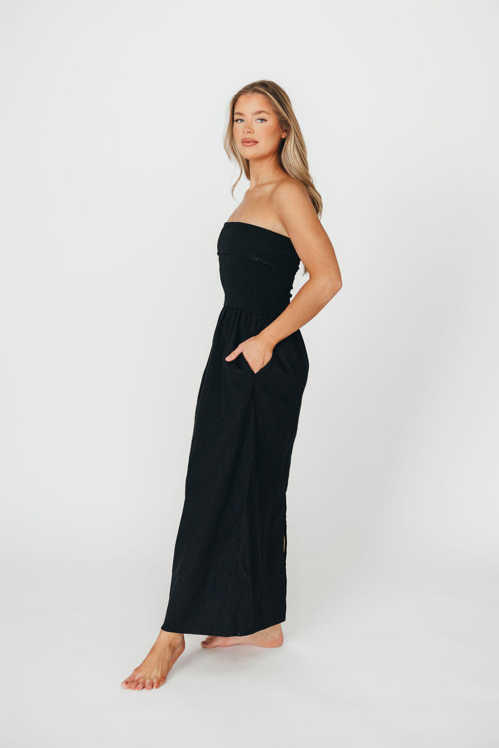 Kaylee Black Linen and Ribbed Knit Maxi Dress - Elegant Long Dress for Summer, Beach, and Casual Outings