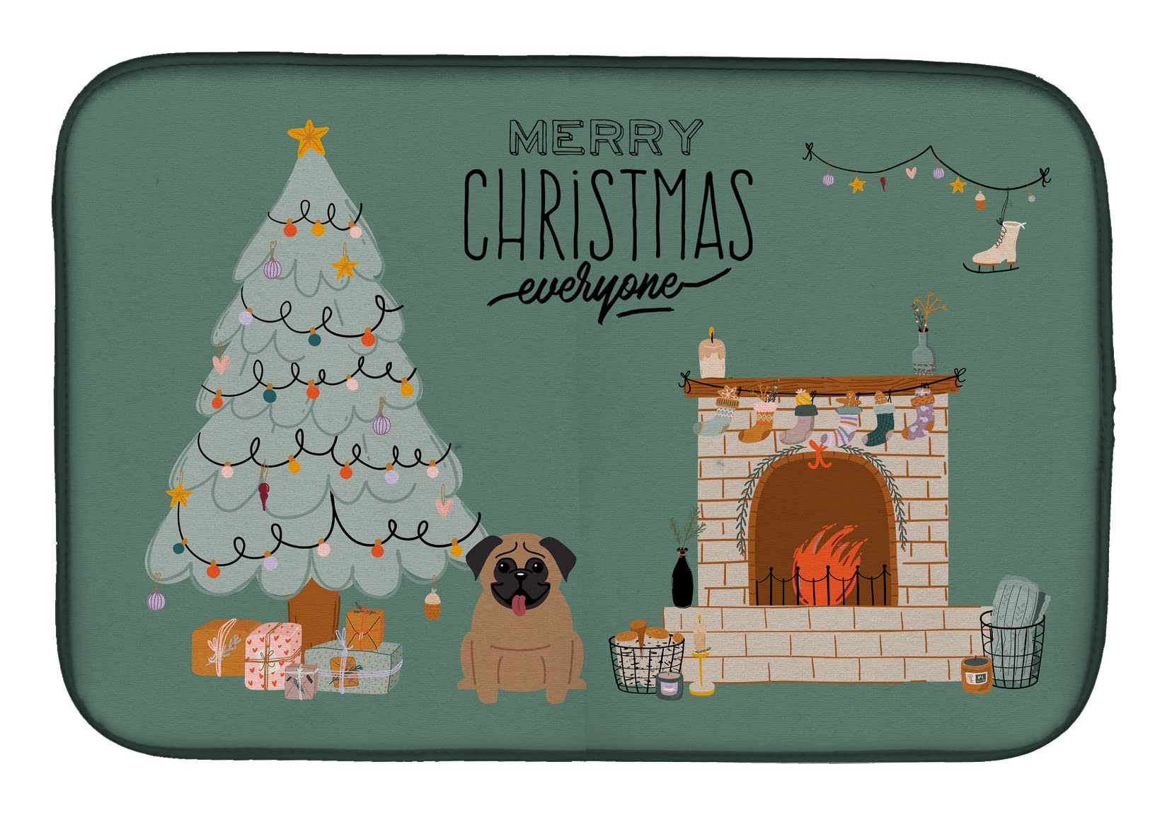 Brown Pug Christmas Dish Drying Mat - Absorbent Kitchen Counter Pad for Holiday Decor (14x21