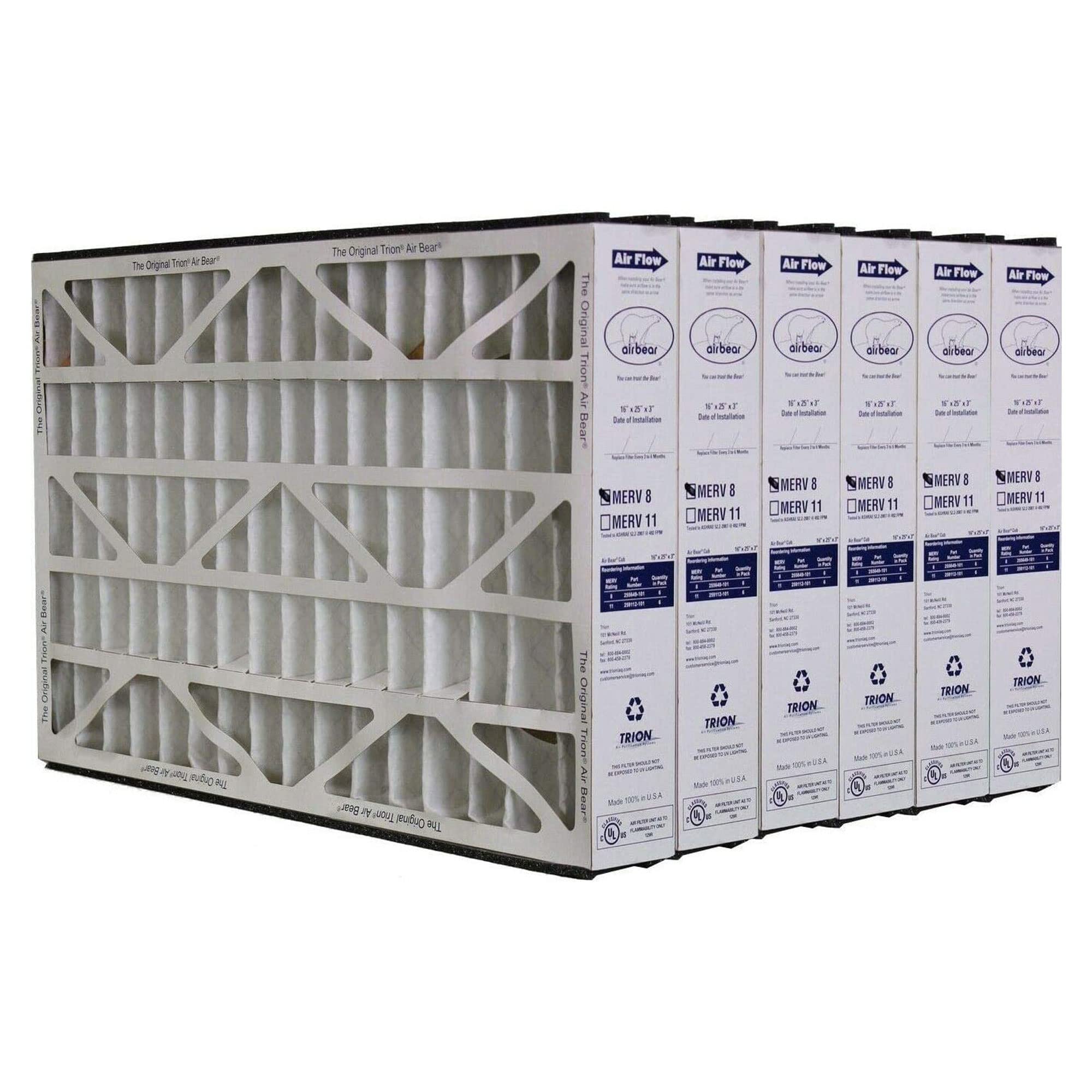 Trion 255649-101 Air Bear 16x25x3 Inch MERV 8 Replacement Air Filters (6 Pack) - Compatible with Air Bear Supreme, Right Angle & Cub Air Purifiers - Perfect for Home, Office & HVAC Systems