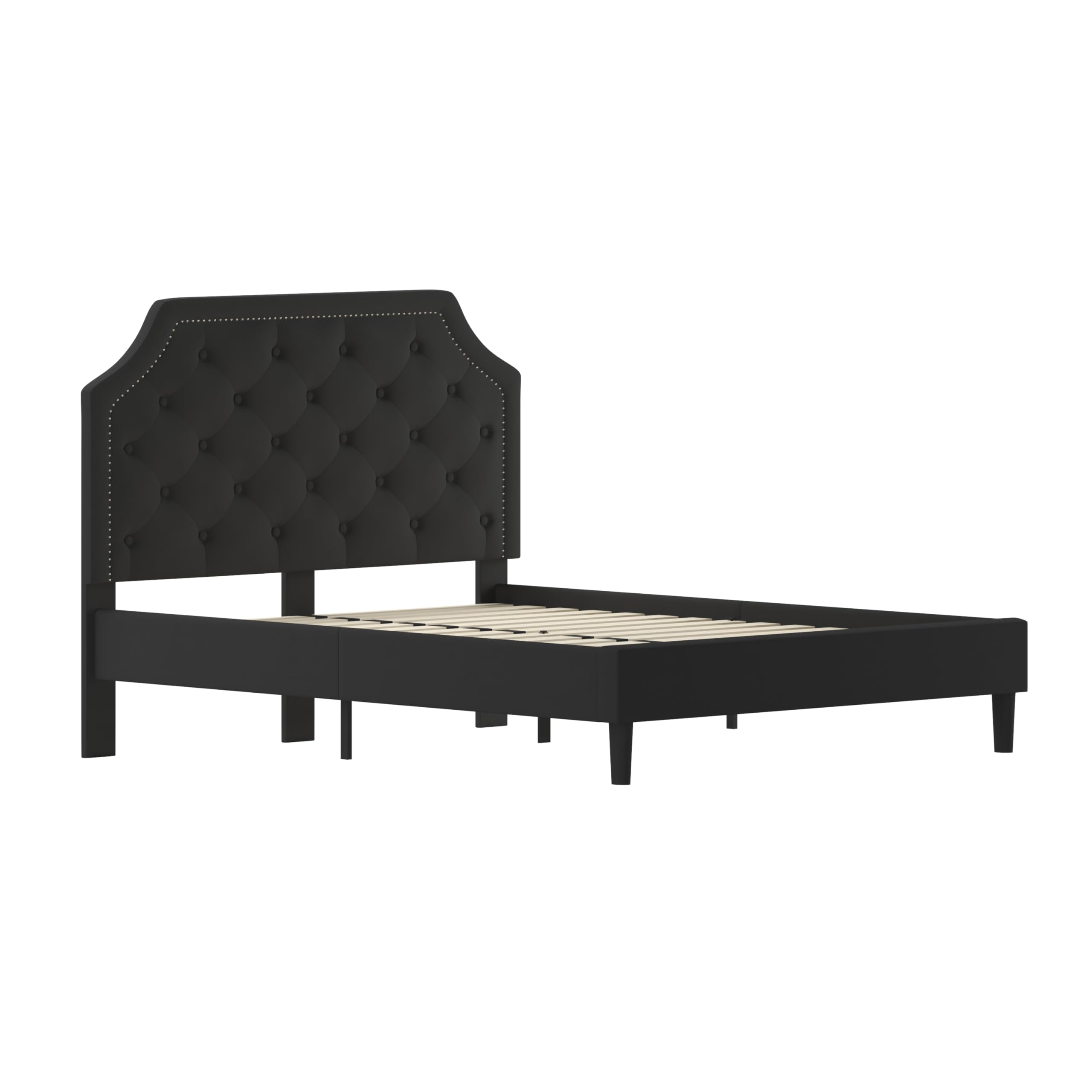 Queen Size Arched Tufted Upholstered Platform Bed Frame with Headboard - Black Fabric Luxury Bedroom Furniture for Master Bedroom & Guest Room