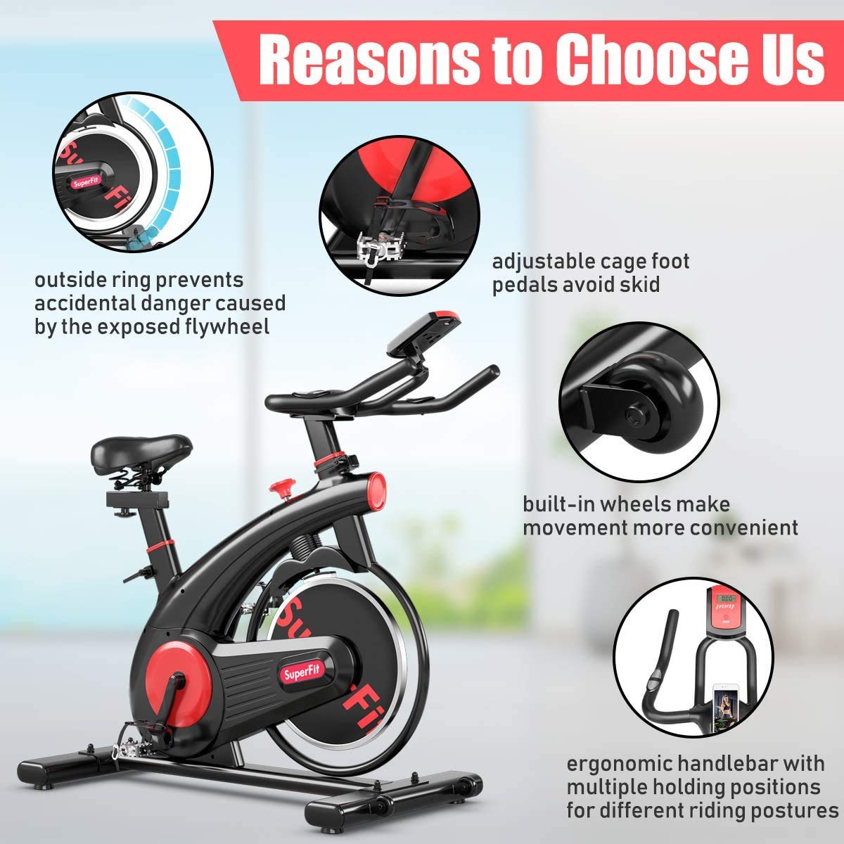 Moccha Indoor Cycling Bike - Silent Belt Drive Exercise Bike with 20 LBS Steel Flywheel, Adjustable Resistance & Heart Rate Monitor - Perfect for Home Gym, Cardio Workouts & Indoor Training - Black and Red