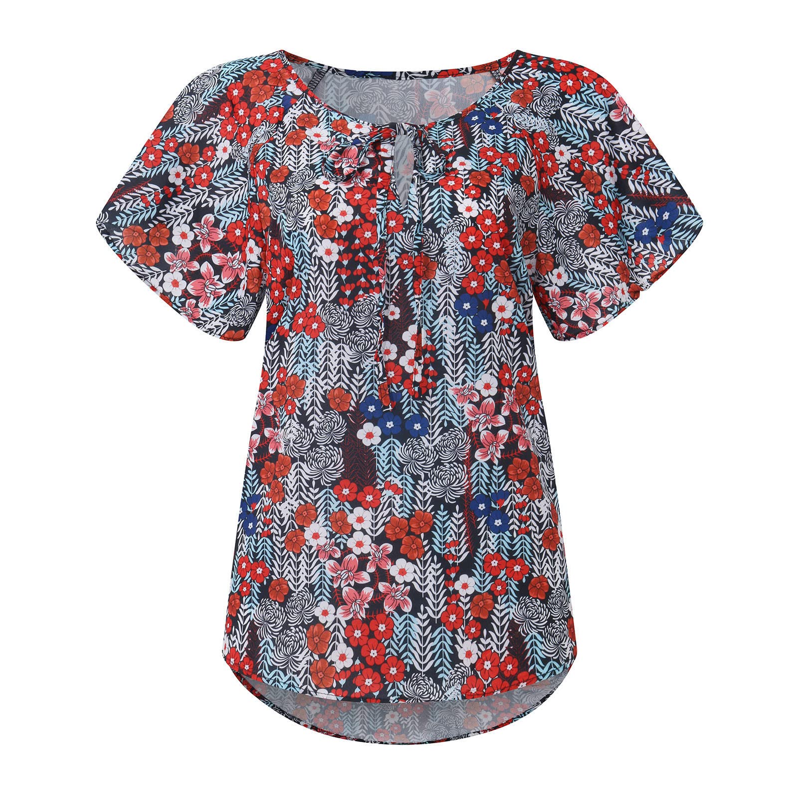 Bohemian Floral Print V-Neck Short Sleeve Blouse for Women - Summer Drawstring T-Shirt for Beach Vacation, Music Festival & Casual Outings