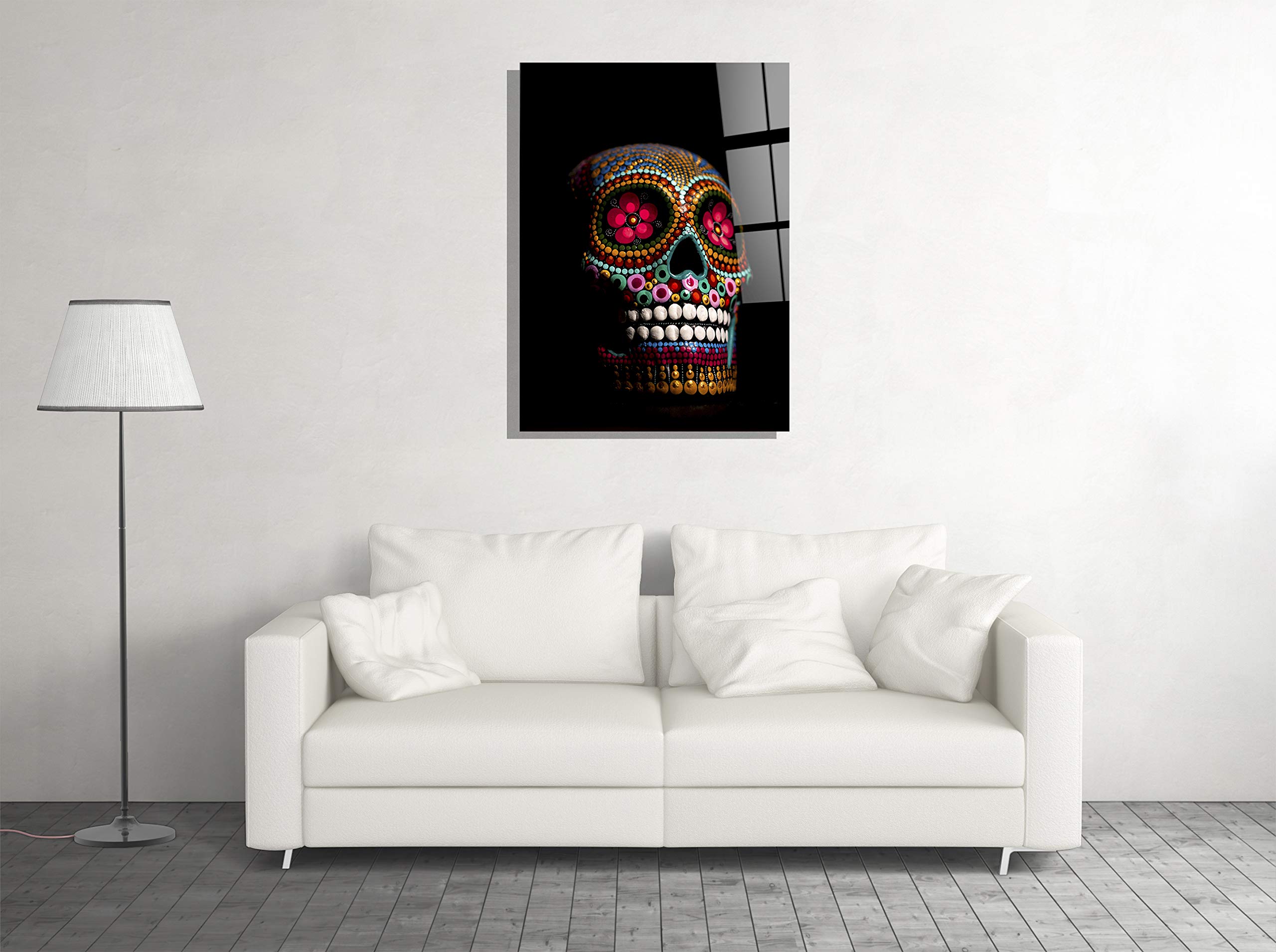 Stylish Skull Glass Wall Art - Dia De Los Muertos Decor - Unique Gift for Home, Office & Hotel - Modern Gothic Artwork (24x36) - Perfect for Halloween, Day of the Dead Celebrations & Gothic Interior Design