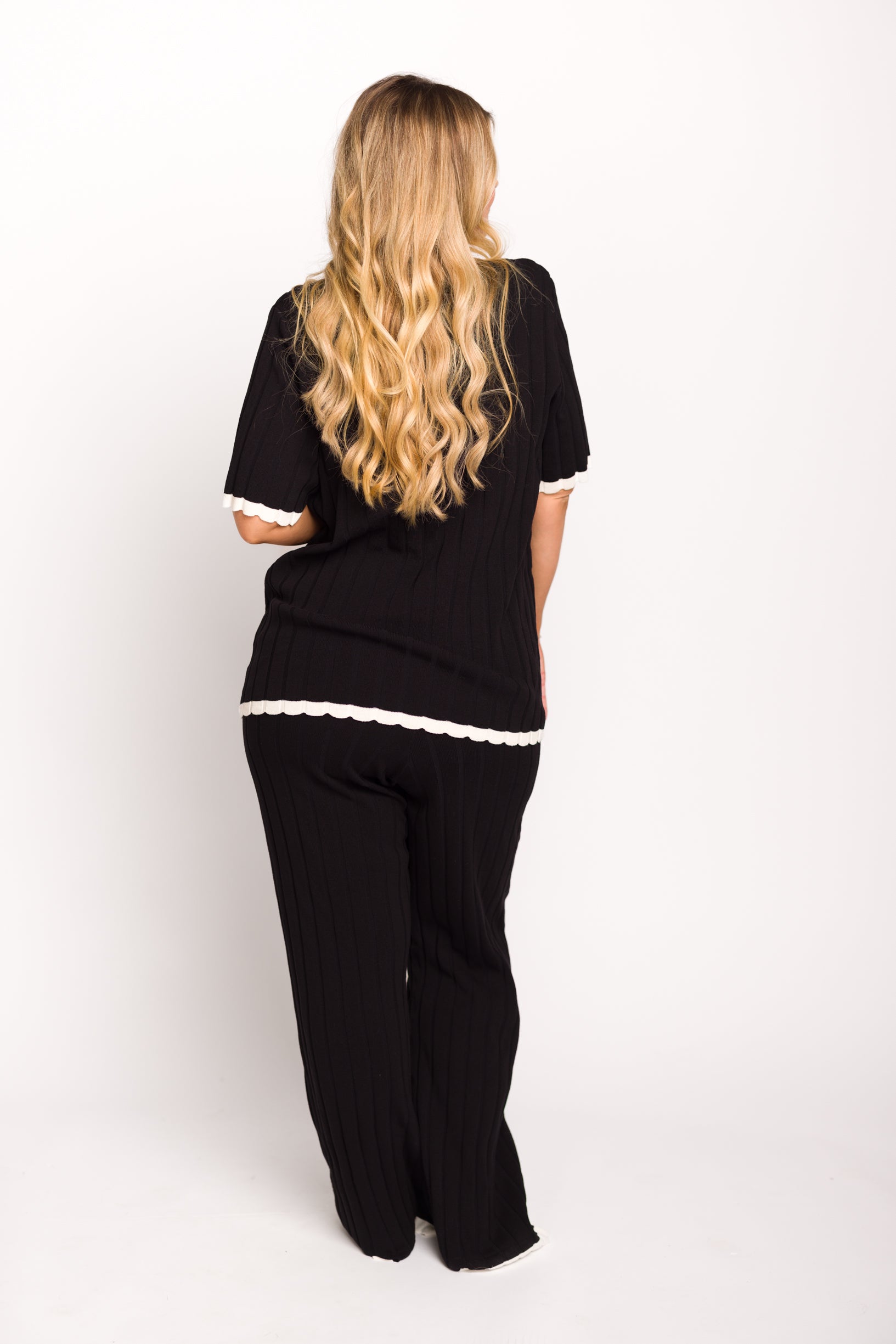 Adele Ribbed Knit Top and Pants Set - Women's Black Stretch Outfit for Casual Wear, Lounge & Fall Fashion