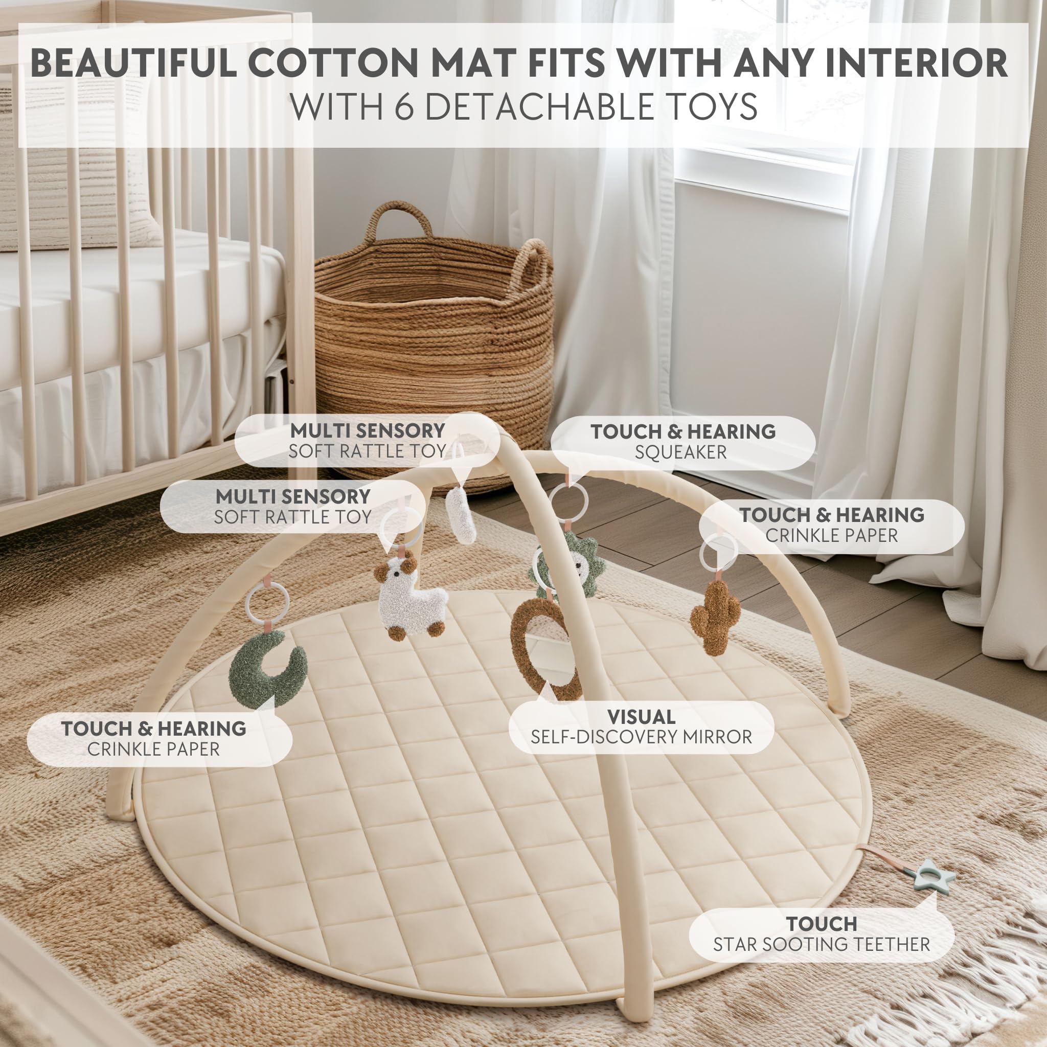 Soft Cotton Baby Play Gym & Tummy Time Mat with 6 Cute Toys - Interactive Activity Center for Infants 0-12 Months - Perfect for Crawling, Sensory Play & Nursery Decor - Gender Neutral Playmat for Boys & Girls