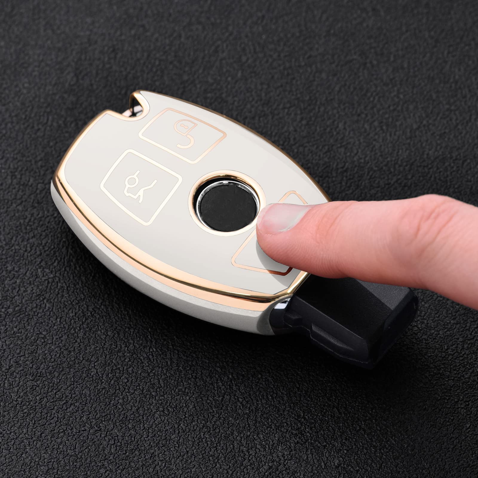 Premium Soft TPU Key Fob Cover for Mercedes Benz C/E/S/M/CLS/CLK/G Class - Gold Edge White Protective Case for Keyless Smart Key | Durable & Stylish Car Accessory for Everyday Use & Gift Giving