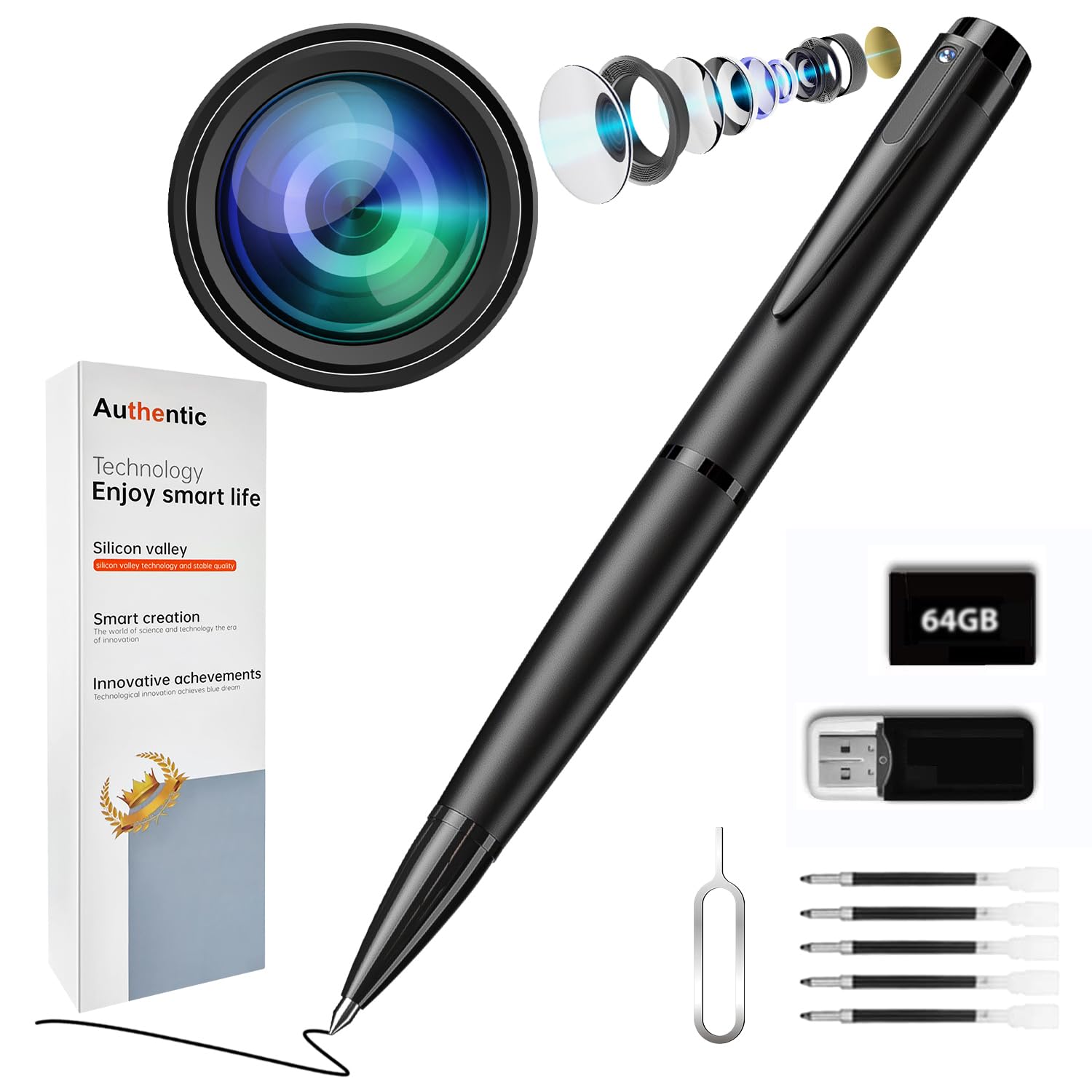1080P Hidden Camera Pen with 64GB Storage - Mini Spy Camera with Motion Detection & Night Vision for Home Security, Office Monitoring, Baby/Nanny Cam (Black) | Ideal for Indoor Surveillance, Secret Recording & Evidence Collection