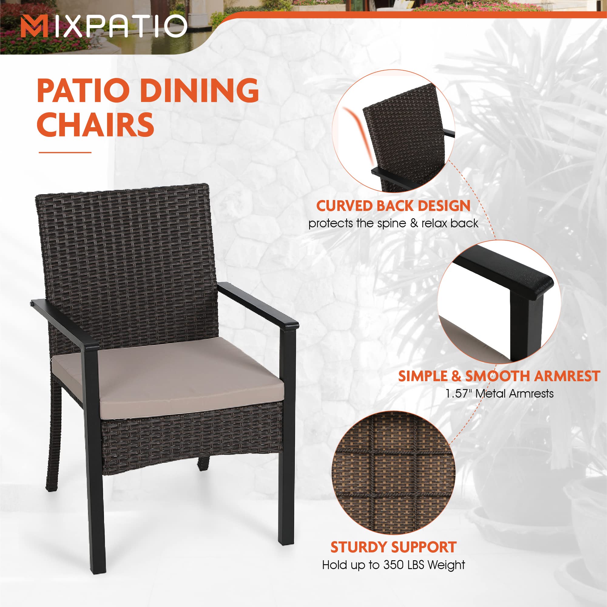 2-Piece Rattan Patio Dining Chairs Set - Weather-Resistant Wicker Outdoor Chairs with Sturdy Metal Frame & Comfortable Cushions - 350lbs Weight Capacity - Perfect for Patio, Garden, Backyard, Lawn & Outdoor Dining