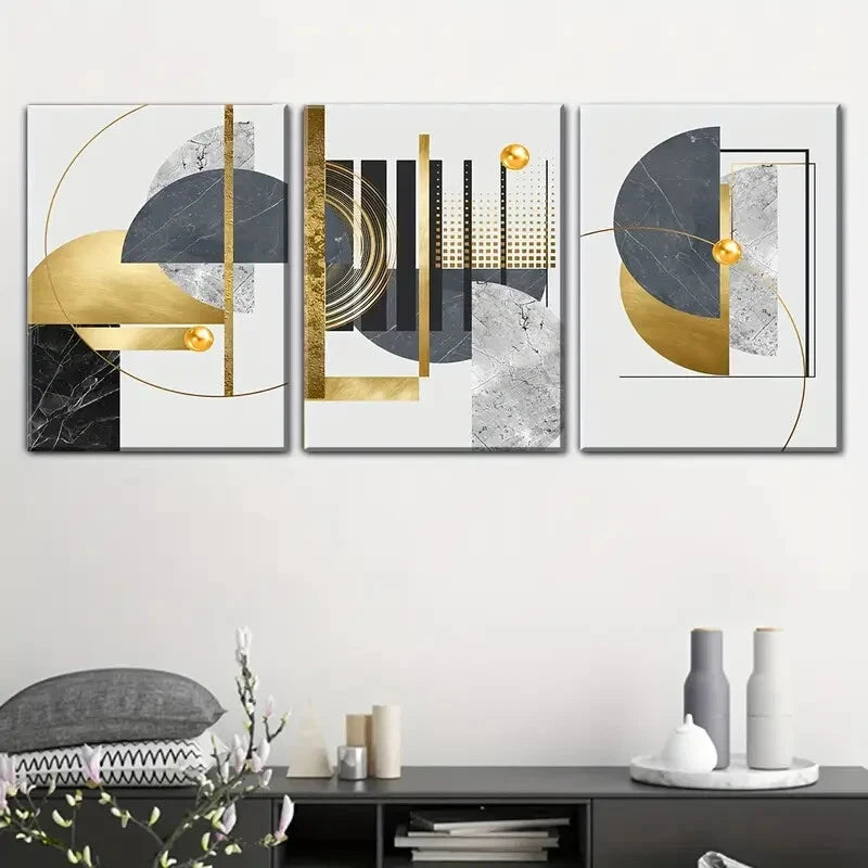 3-Piece Abstract Geometric Metal Wall Art - Gold, Black & White - Ready to Hang - Modern Home Decor for Living Room, Bedroom & Office