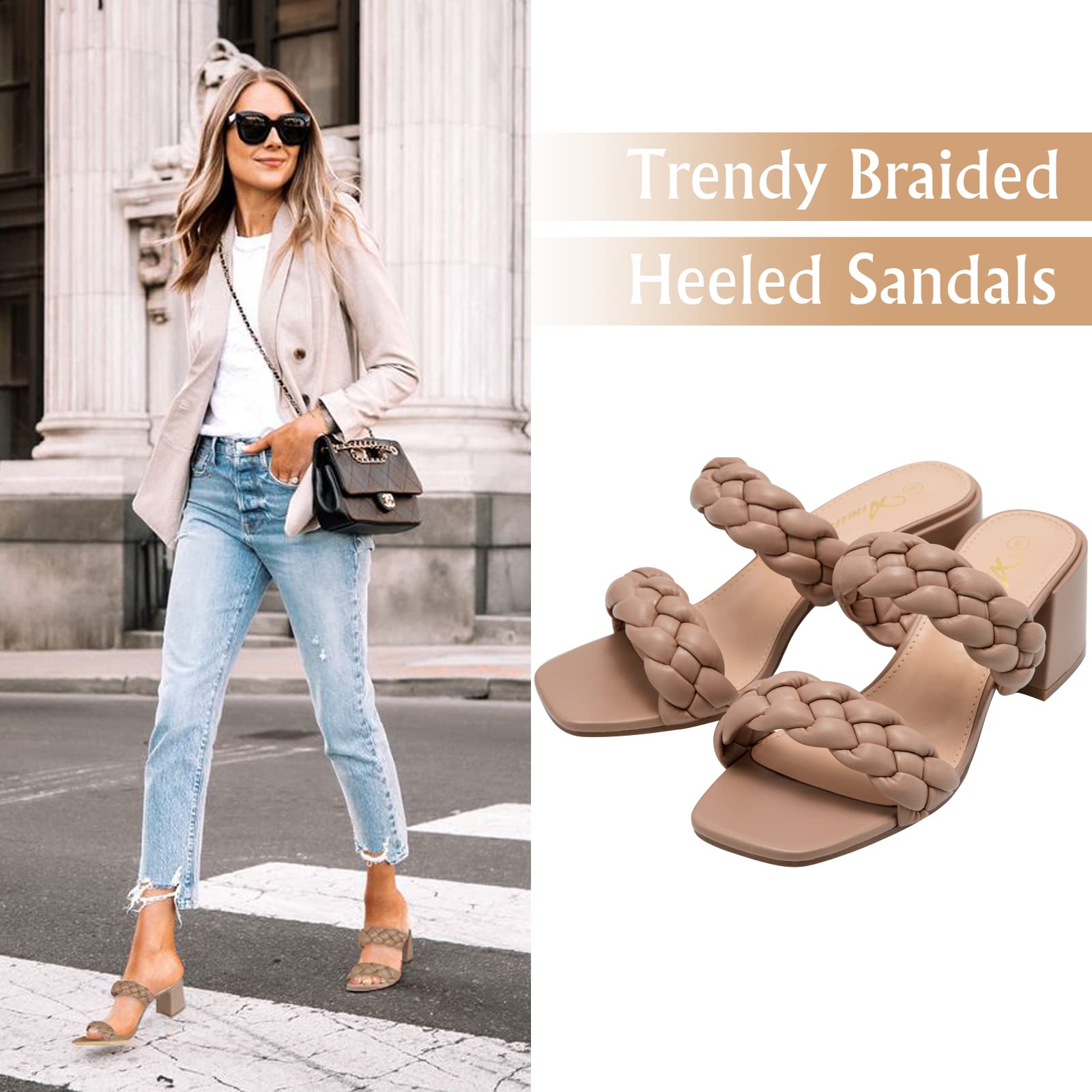 Athlefit Women's Braided Heeled Sandals - Strappy Square Open Toe Backless Mules Slip On Block Heels for Summer Weddings, Beach Vacations & Night Out Parties