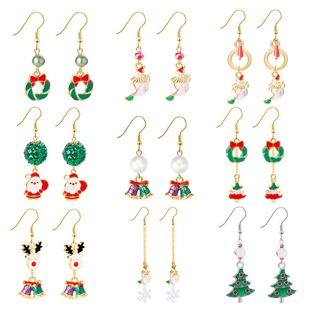PRETYZOOM 9 Pairs Christmas Earrings for Women - Holiday Dangle Drop Earrings Set with Santa, Elk, Snowman & Tree Designs - Perfect for Xmas Parties, Gift Exchanges & Festive Outfits