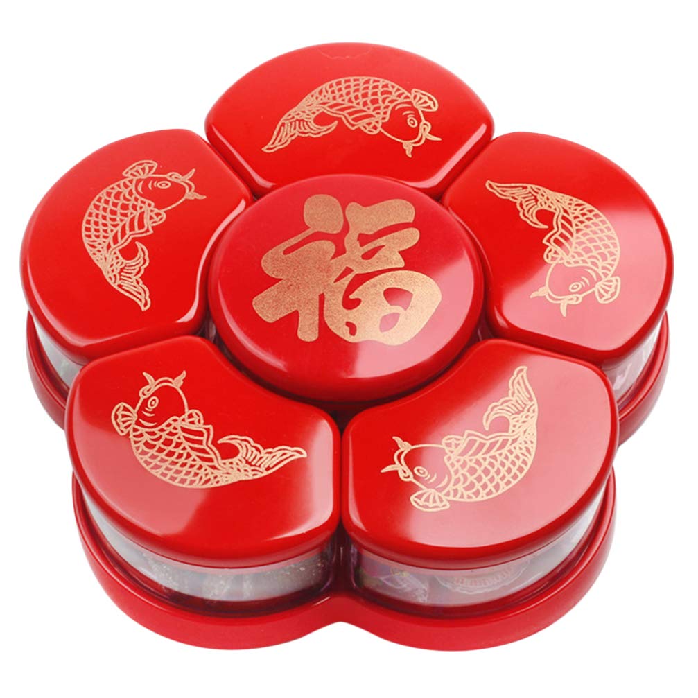Hemoton 6-Compartment Rotating Candy Dish with Lid - Snack Storage Tray for Dried Fruits, Nuts, Chocolates - Perfect for Home, Chinese New Year, Wedding Party, Office Snacks (Red)
