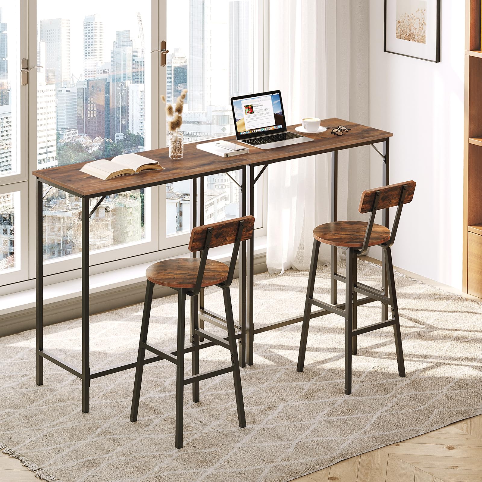 63-Inch Narrow Bar Table - Rustic Brown Pub Table with Sturdy Metal Frame | Connectable Dining Counter Table & Multifunctional Console Table | Perfect for Kitchen, Dining Room, Bar or Small Space Decor (BTHR1601)