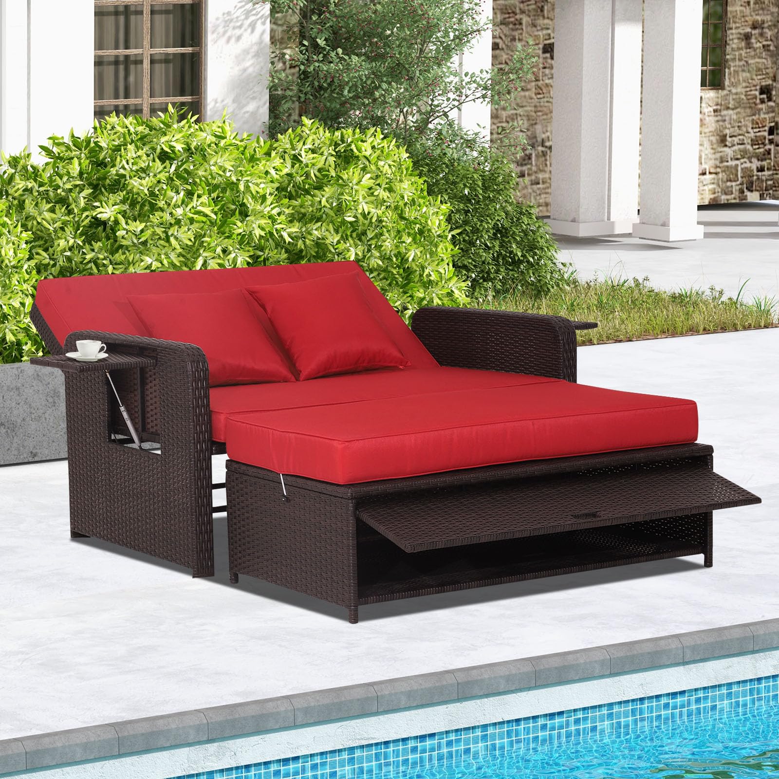 RELAX4LIFE Outdoor Wicker Daybed with Adjustable Backrest - Rattan Patio Lounger Set with Loveseat, Storage Ottoman & Cushions - 4-Level Reclining & 2 Retractable Trays - Perfect for Poolside, Garden or Patio Relaxation (Red)