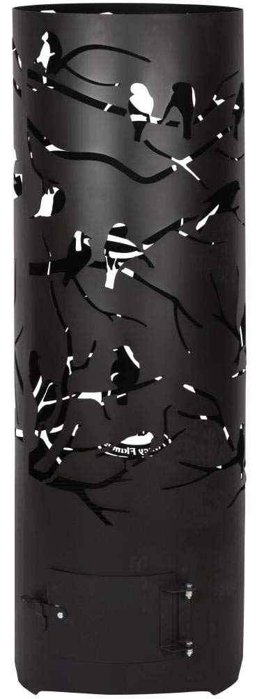 Esschert Design Black Laser Cut Birds on Twig Fire Drum - Outdoor Garden & Patio Decorative Fire Pit for Cozy Evenings