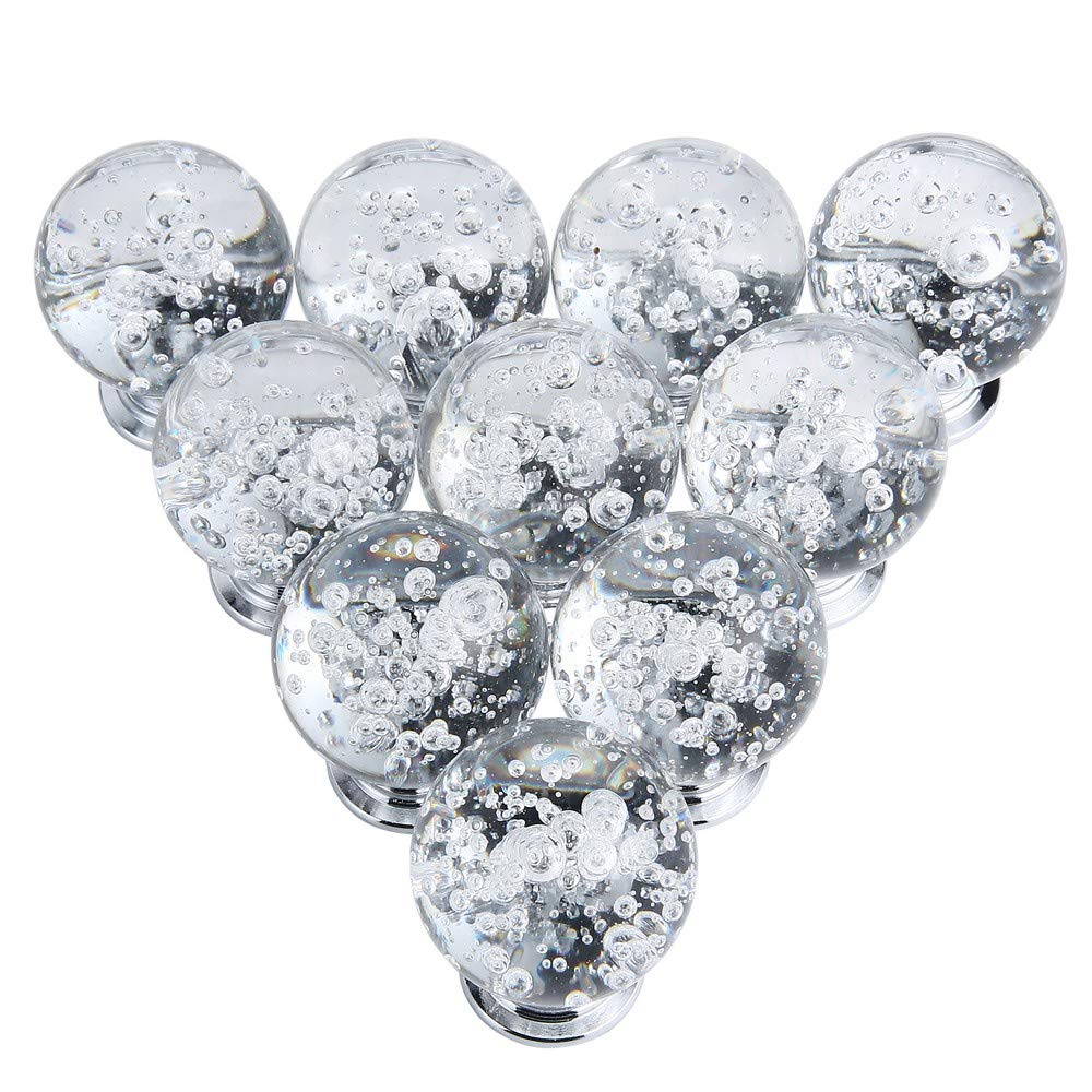 10-Pack Crystal Clear Glass Cabinet Knobs - Round Bubbles Drawer Pulls with 3 Size Screws (30mm) - Smooth Dresser Handles for Kitchen, Bathroom & Bedroom Furniture (Home Decor & DIY Upgrade)