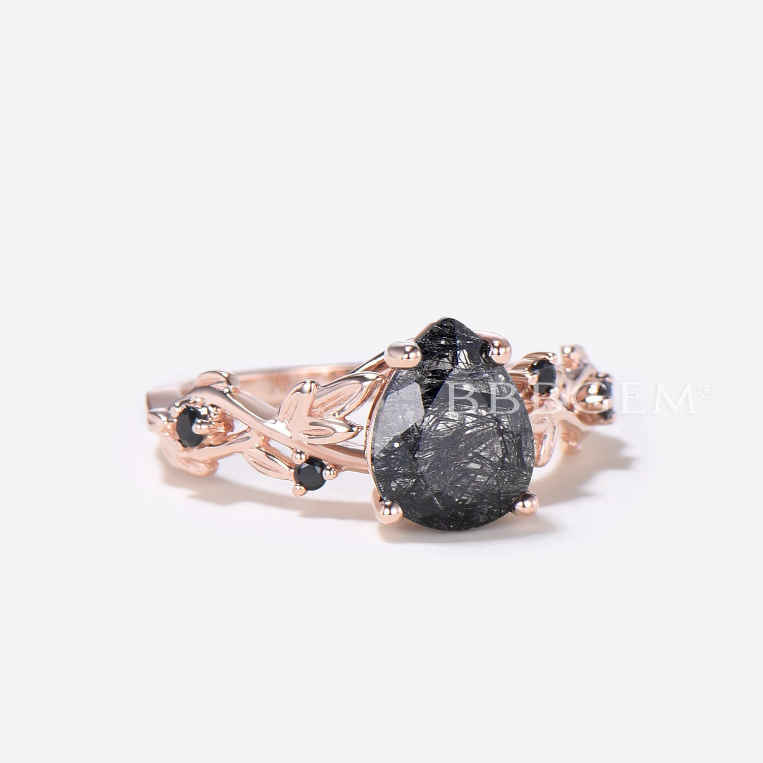 Black Rutilated Quartz Pear-Shaped Engagement Ring with Branch Leaf Design - Perfect for Weddings, Proposals & Anniversary Gifts