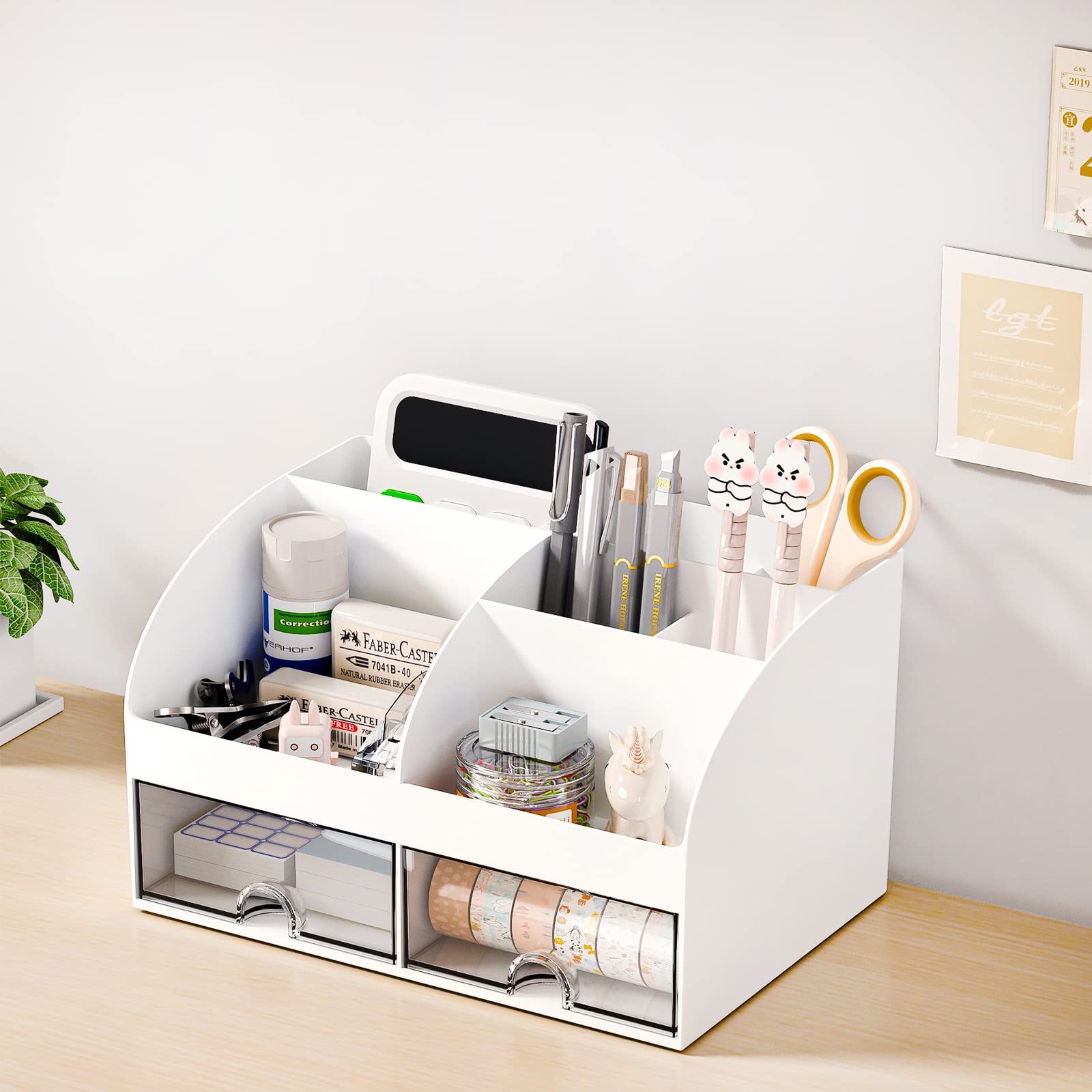 6 Compartment Plastic Desk Organizer with 2 Drawers - Makeup & Stationery Storage for Home, Office & School - White Desktop Organizer for Pens, Pencils, Office Supplies & Beauty Products