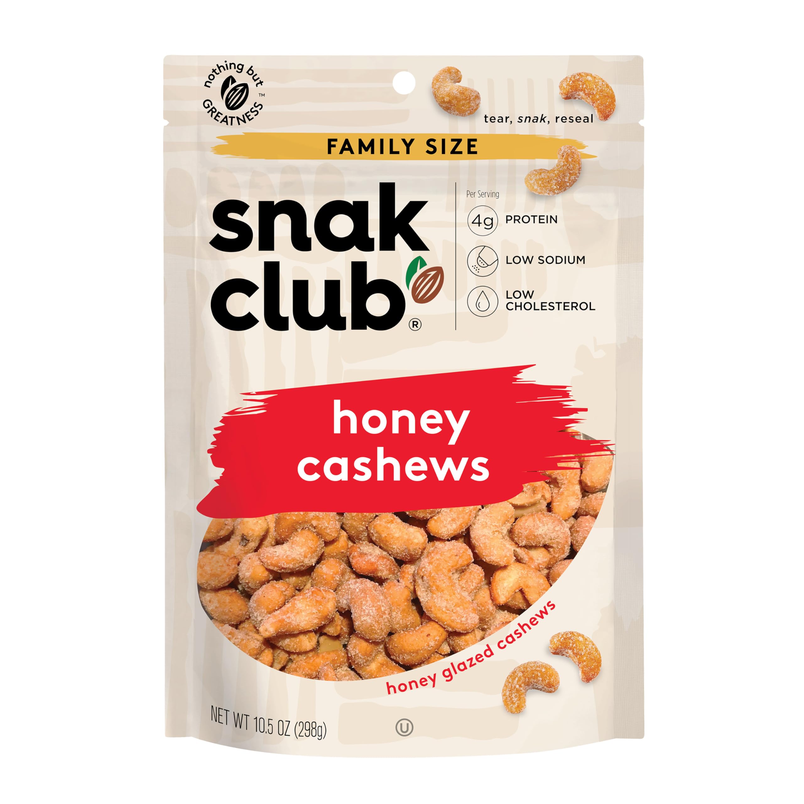 Snak Club Honey Glazed Crunchy Cashews - Gluten-Free, Family Size 10.5oz - Perfect for Snacking, Parties & Healthy On-the-Go Treats