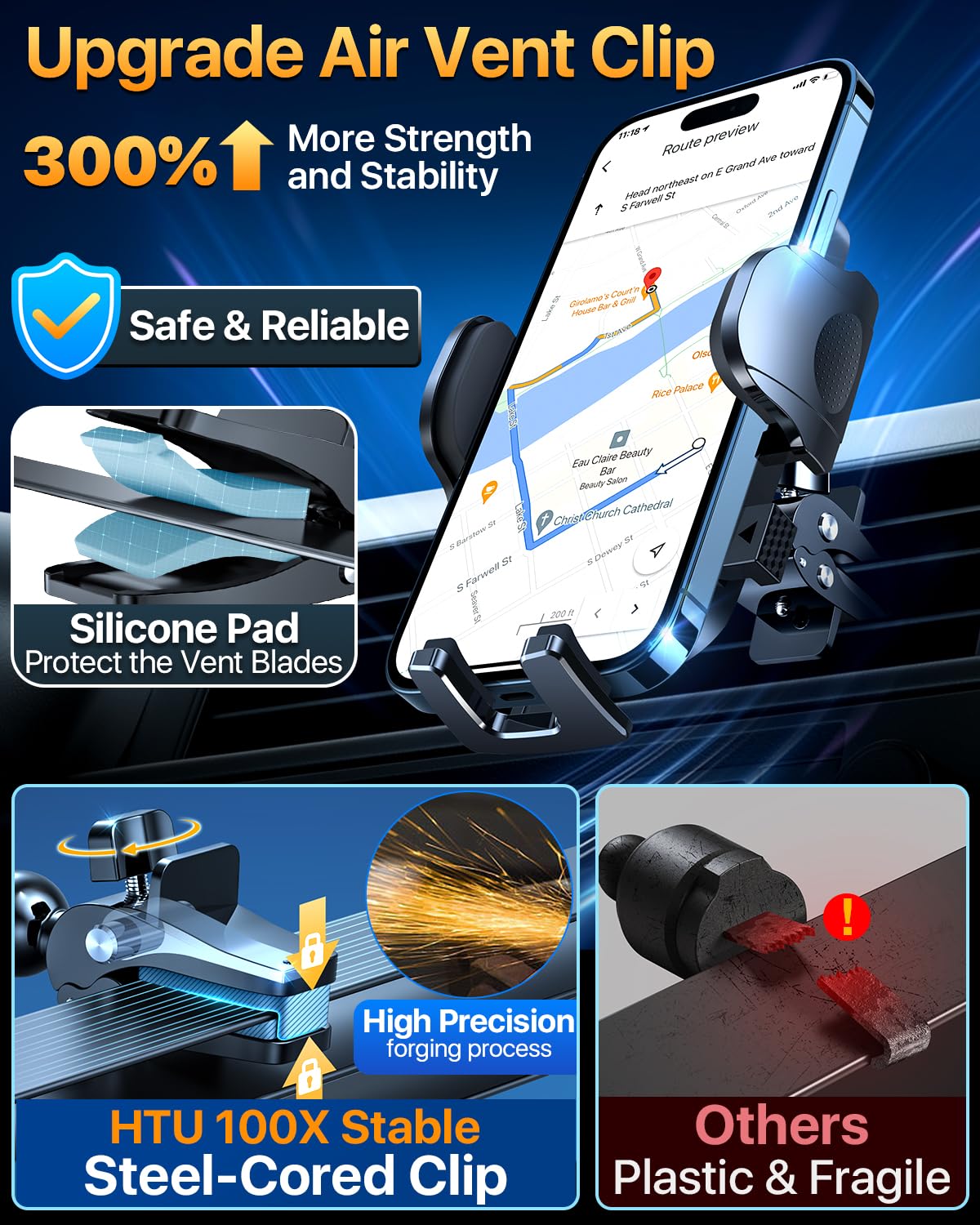 True Military-Grade Universal Car Phone Mount Holder - Super Strong Suction Cup & Clip for Dashboard, Windshield & Air Vent - Compatible with iPhone 15/14/13 Pro Max & Samsung Galaxy - Sapphire Blue - Perfect for Road Trips & Daily Commutes