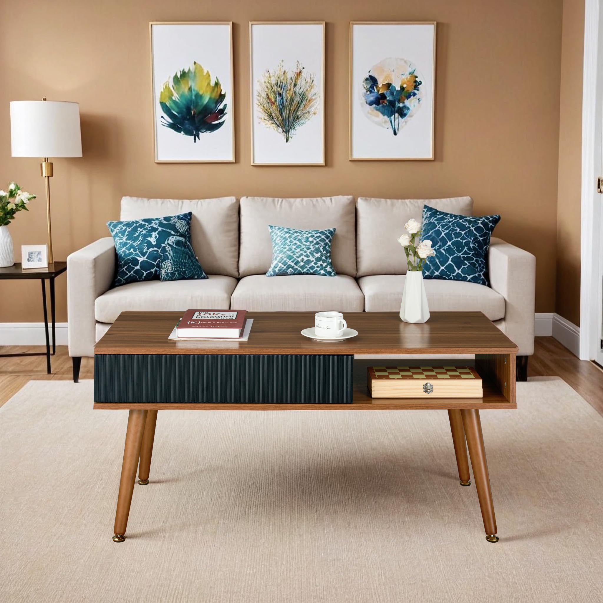 Artswish Mid Century Modern Coffee Table with Drawer & Open Storage - Walnut Wood Living Room Table for Home Decor | Perfect for Small Spaces, Apartments & Cozy Living Rooms