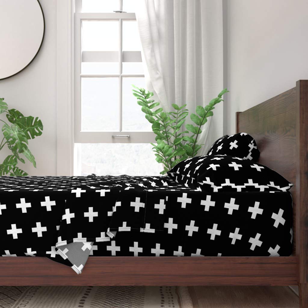100% Cotton Queen 4-Piece Sheet Set - White & Black Plus Sign Cross Geometric Print | Modern Hipster Nursery Bedding | Gender Neutral Baby Room Decor | Soft Breathable Custom Bed Sheets for Kids & Adults