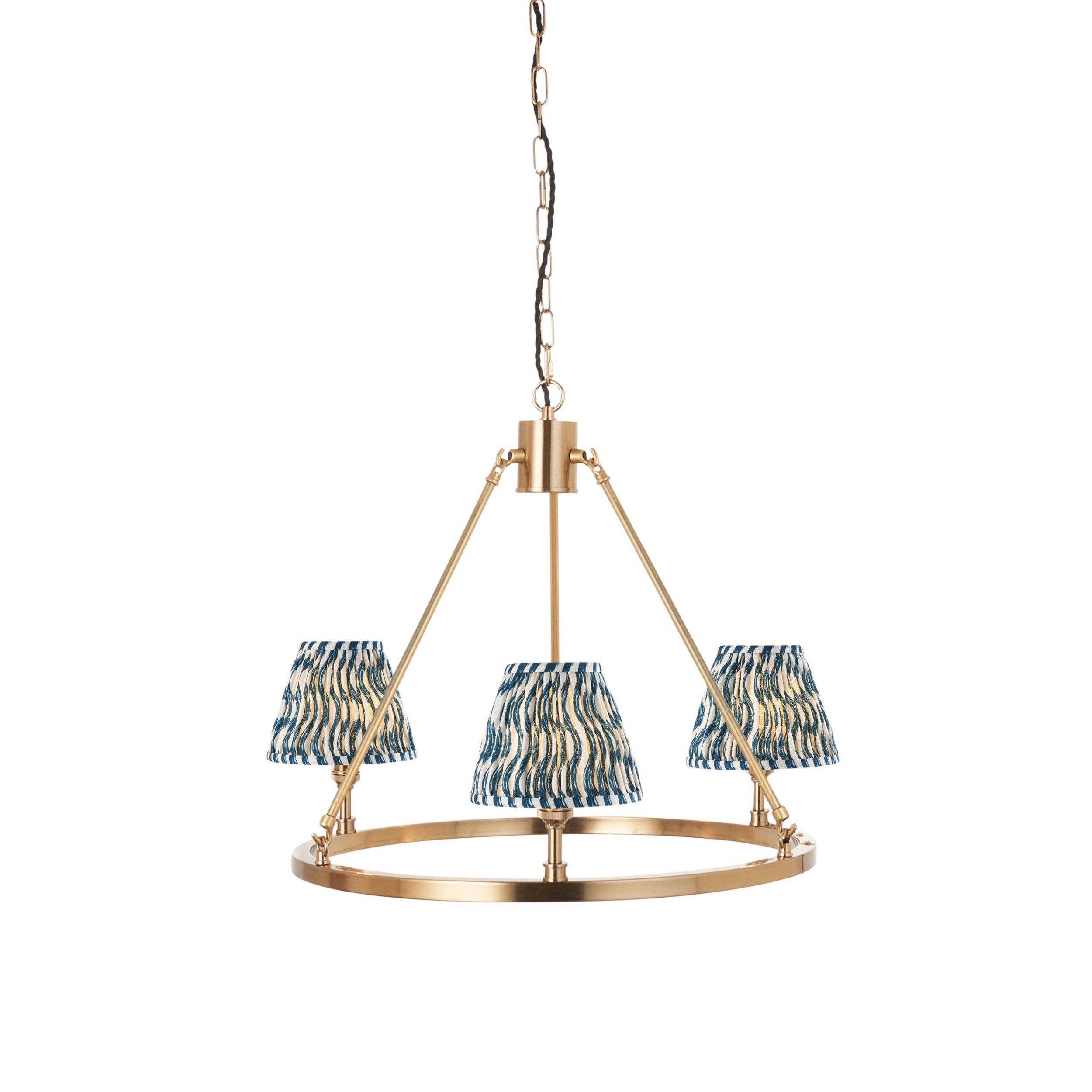 Chester Brass Ceiling Pendant Light with Blue Ripple Glass Shade - 16cm Vintage Industrial Lighting for Kitchen Island, Dining Room & Bedroom Decor