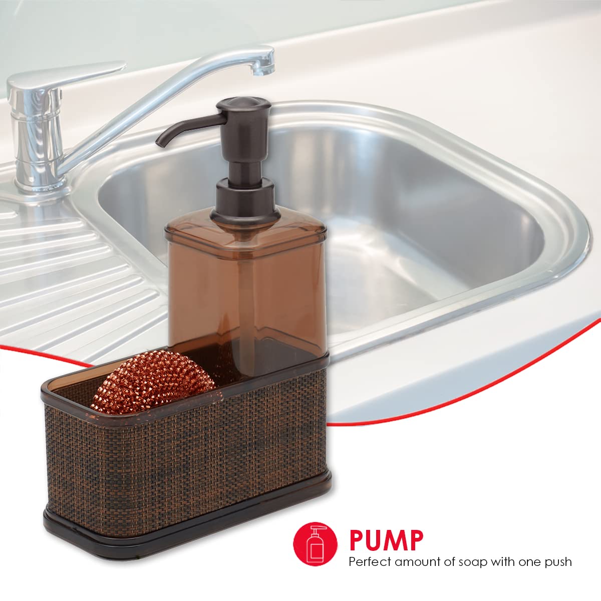 Home Basics 18.6 oz Refillable Soap Dispenser with Basketweave Sponge Holder - Perfect Portion Control in One Pump for Bathroom & Kitchen - Neutral Bronze Color | Ideal for Countertop Organization & Hand Soap Dispensing