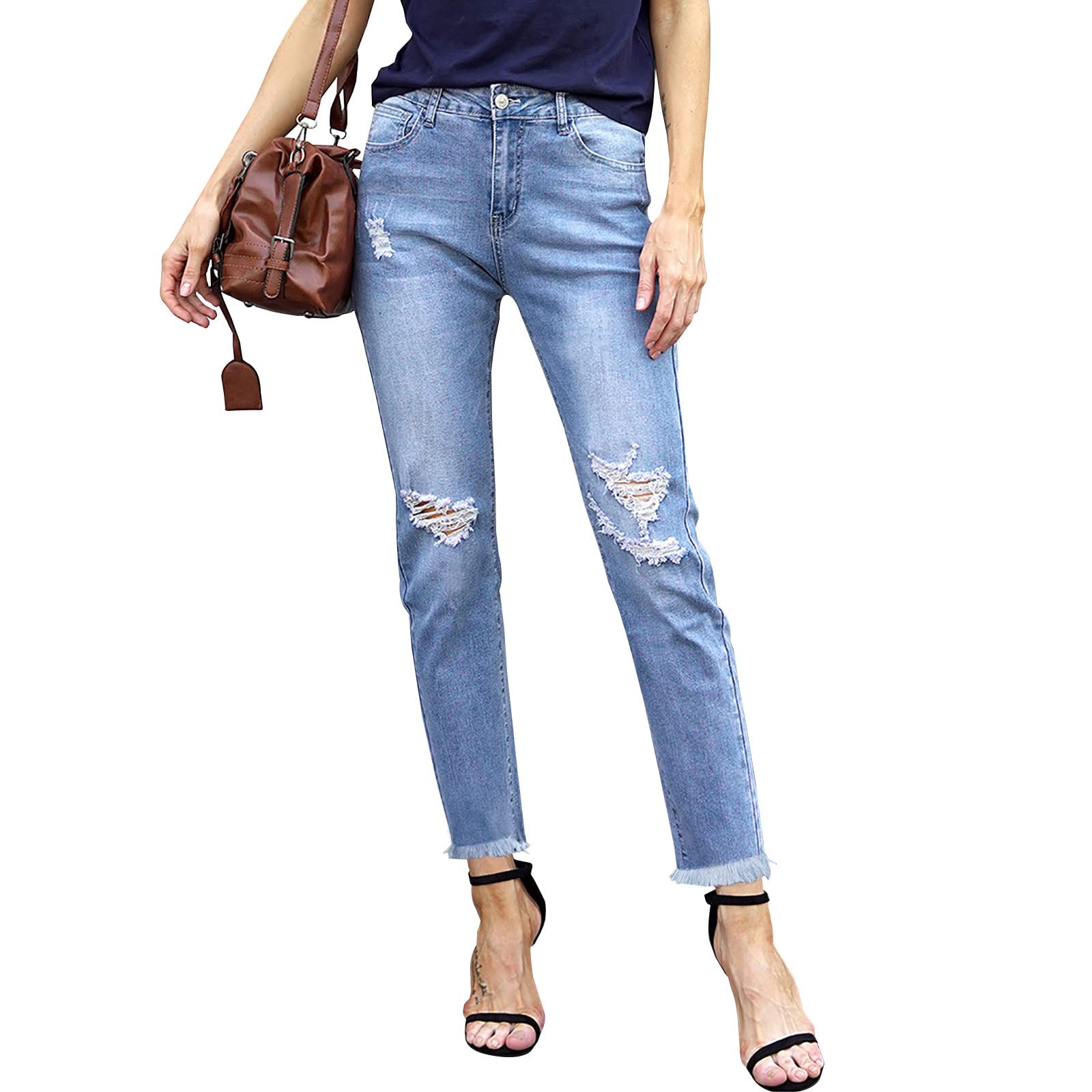 LONGYIDA Women's Ripped Stretch High Waist Skinny Jeans with Button Fly - Trendy Distressed Denim Pants for Casual Outfits & Street Style Fashion