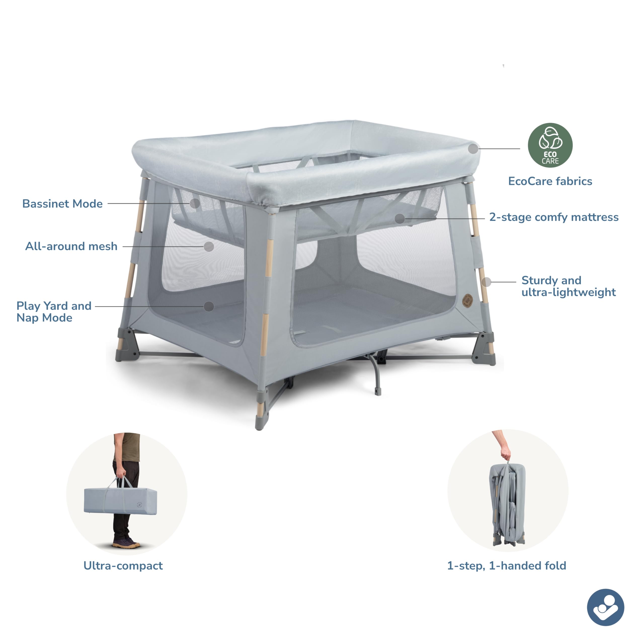 Maxi-Cosi Swift Baby Playpen with Mat - Portable Play Yard with Bassinet for Infants & Toddlers | Safe Indoor/Outdoor Play Space for Home, Travel & Daycare (Classic Slate)