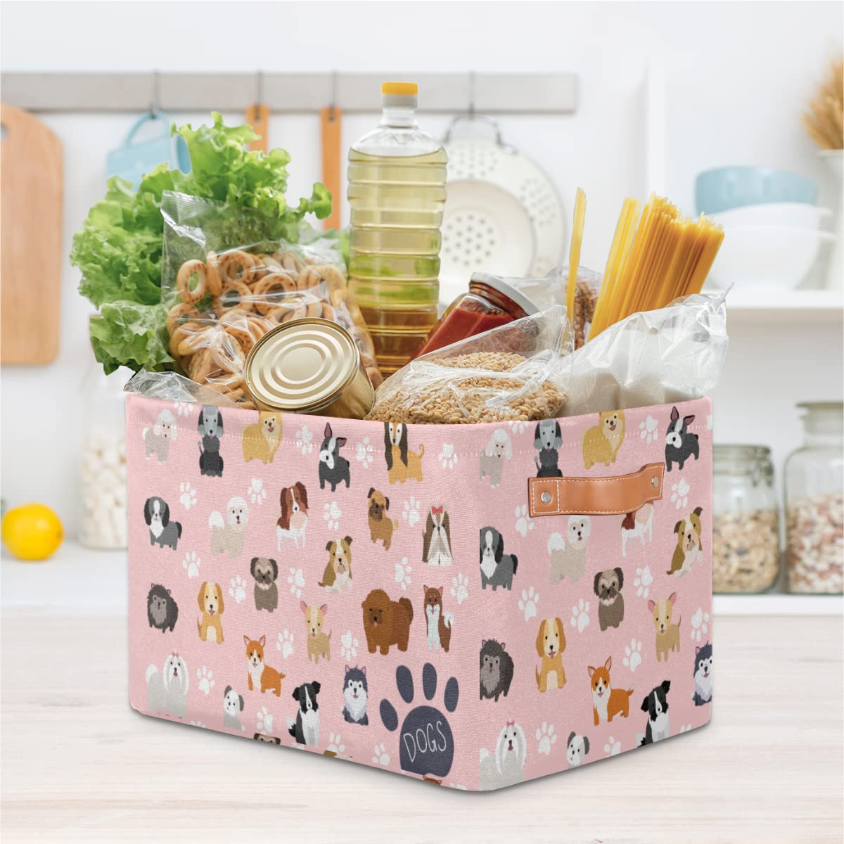 Cute Pink Dog Storage Baskets with Handles - Collapsible Rectangular Fabric Toy Organizer Bin for Closet, Shelf, Laundry, Nursery & Kids Bedroom (15x11x9.5 Inches) - Perfect for Home Organization & Pet Toy Storage