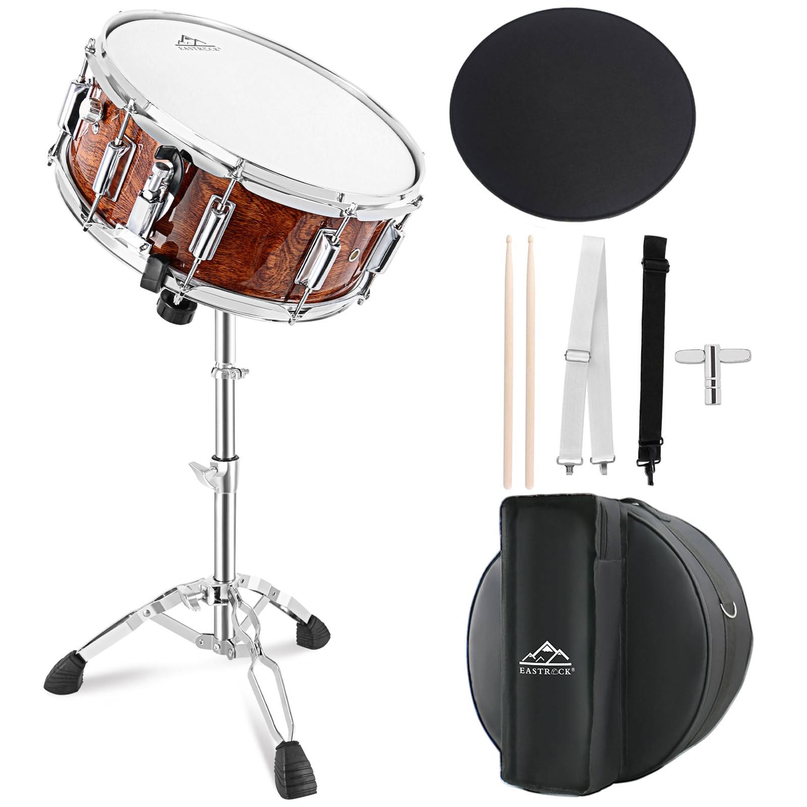 EASTROCK 14x5.5 Inch Snare Drum Set for Beginners - Includes Gig Bag, Drumsticks, Stand & Keys - Coated Tiger-Stripe Drum Head - Perfect for Students, Practice & Live Performances