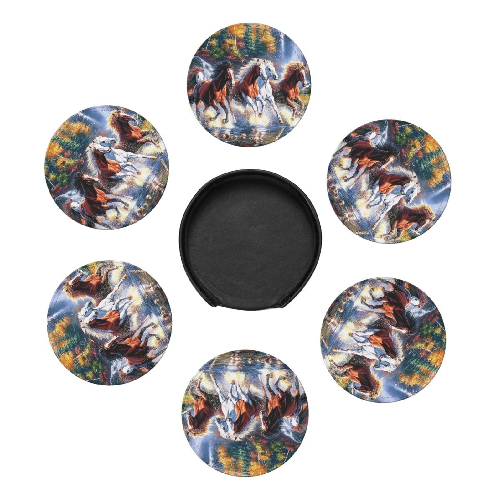 Native American Indian Horse Design Coasters with Holder - Set of 6 Non-Slip Drink Coasters for Coffee Cups, Mugs, and Glasses - Perfect for Home, Office, and Restaurant Use