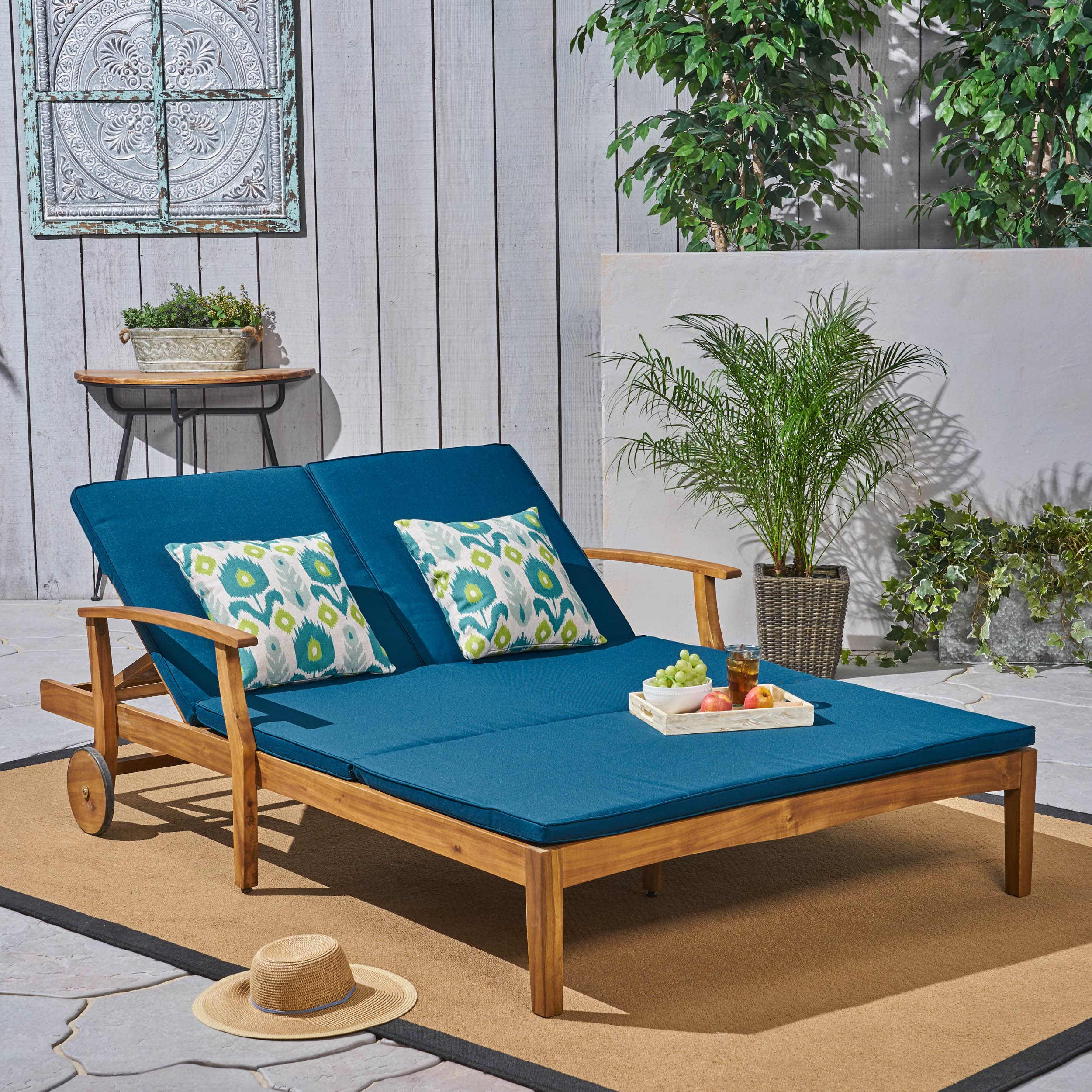 Premium Acacia Wood Double Chaise Lounge Chairs - All-Weather Outdoor Patio Daybed with Adjustable Backrest & Cushions for 2 - Perfect for Poolside Relaxation, Backyard Lounging, and Sunbathing