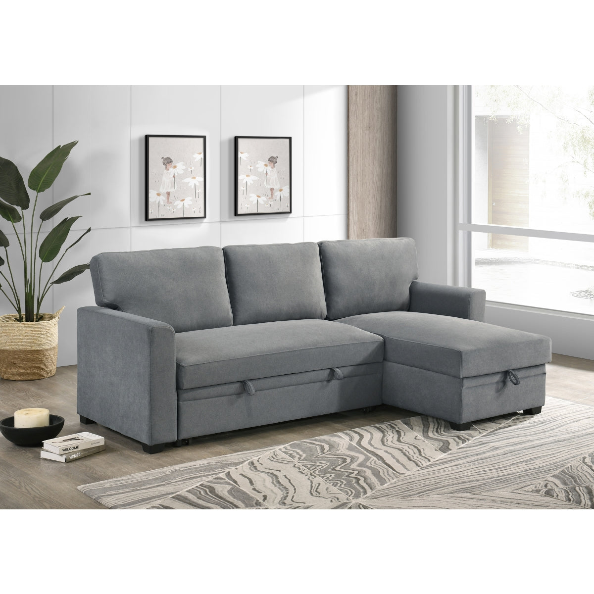 2-Piece Grey Sectional Sofa with Pull-Out Sleeper & Reversible Storage Chaise - Modern L-Shaped Couch for Small Spaces, Living Room, Apartment, and Home Theater Comfort