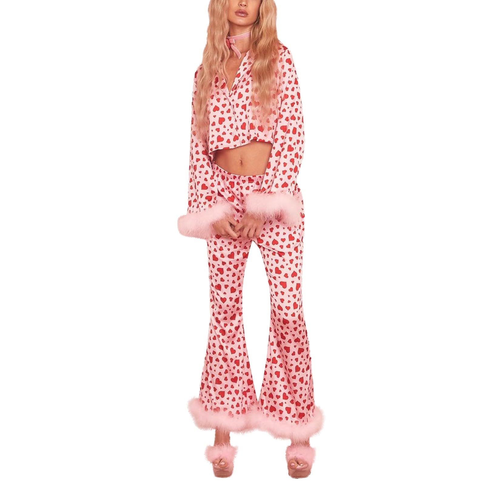Cozy Women's 2-Piece Fuzzy Trim Pajama Set - Button-Up Long Sleeve Top & Soft Lounge Pants (S-5XL, Brown) | Perfect for Winter Nights, Relaxing at Home & Gift Giving